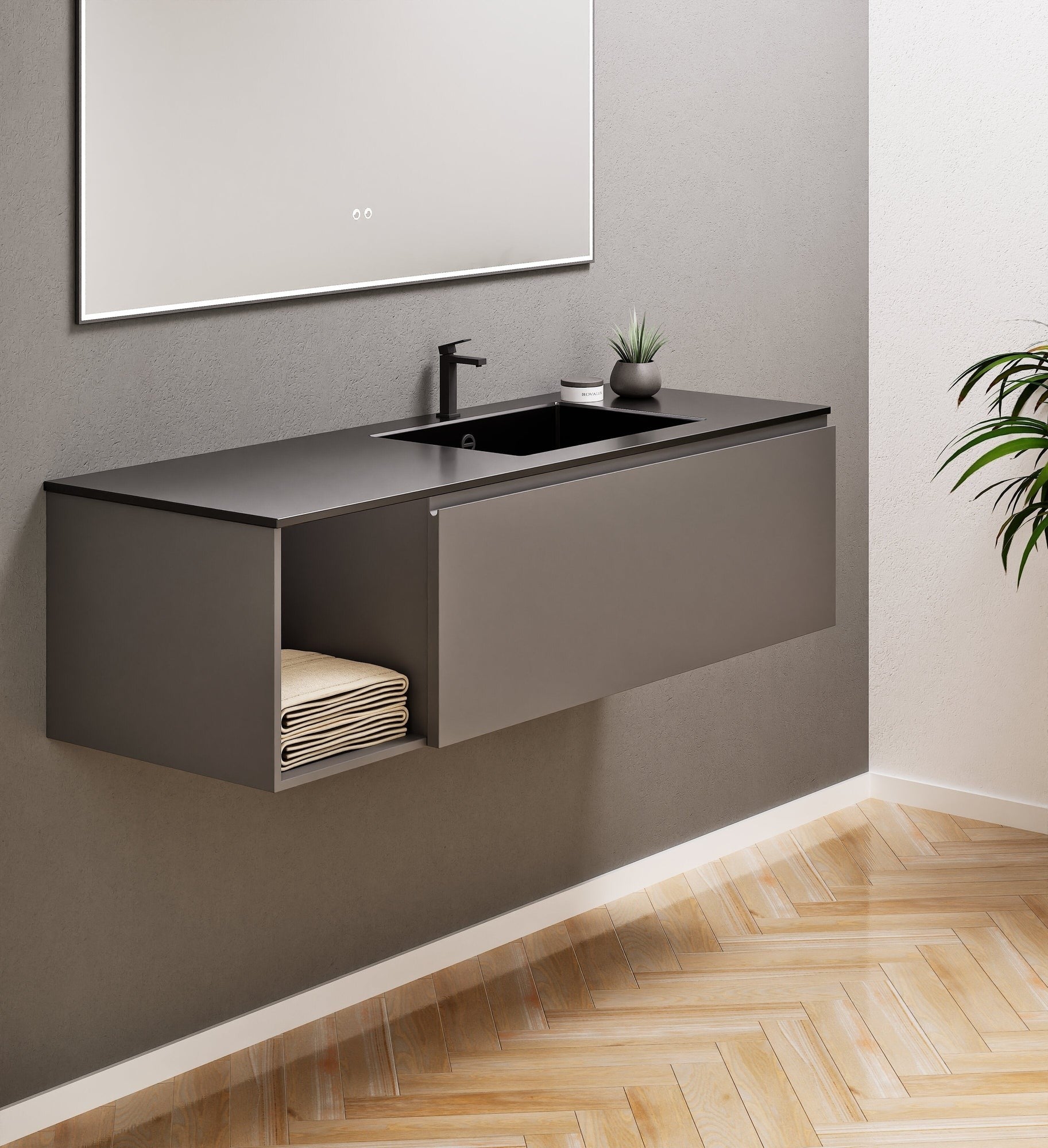 Alba – Corian® Basin Unit with 2 Stacked Drawers vanity & 2 Side Shelves - Rovalux