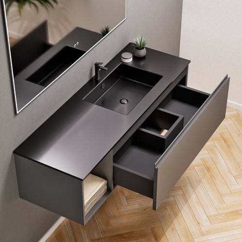 Alba – Corian® Basin Unit with 2 Stacked Drawers vanity & 2 Side Shelves - Rovalux