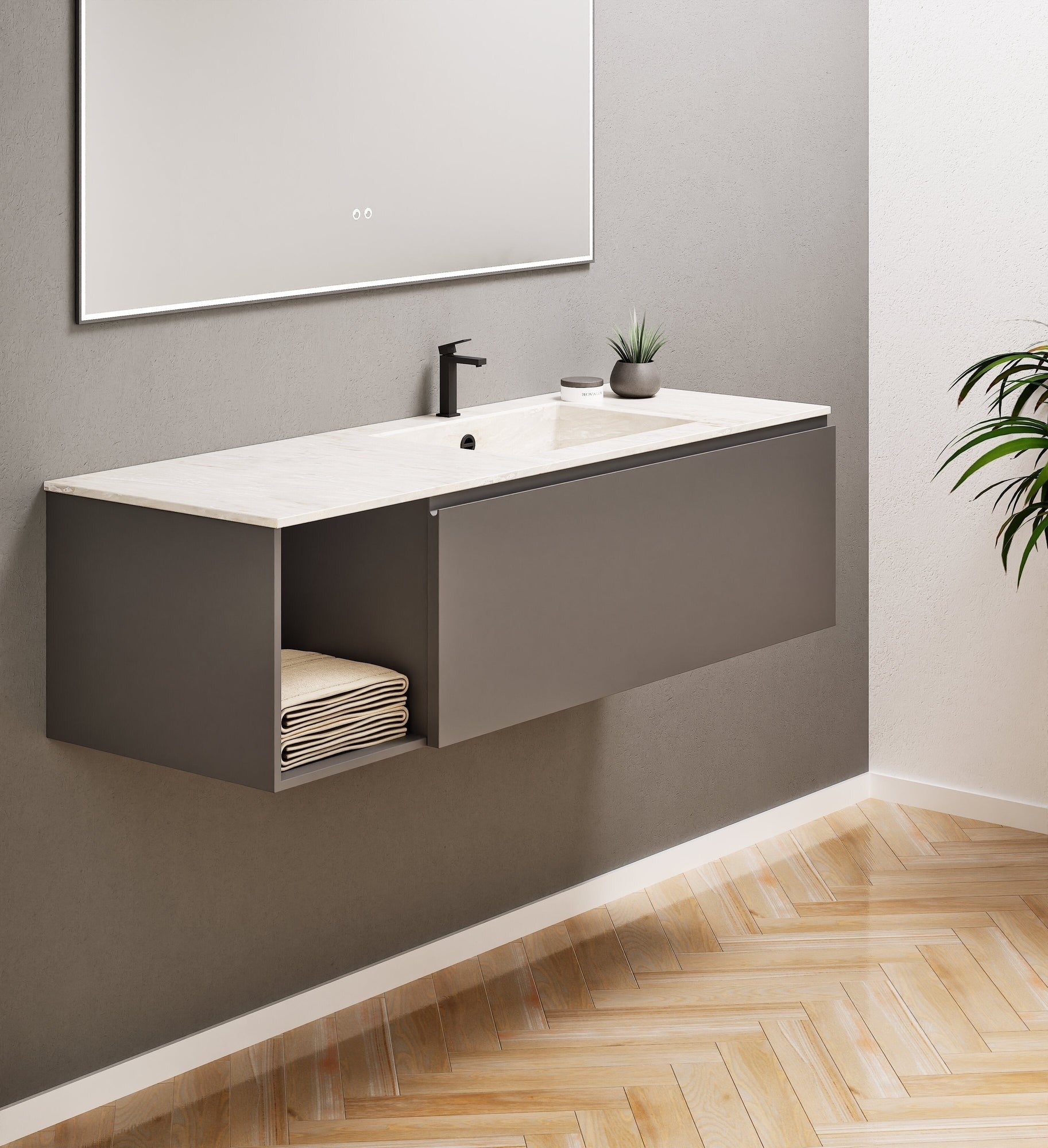 Alba – Corian® Basin Unit with 2 Stacked Drawers vanity & 2 Side Shelves - Rovalux