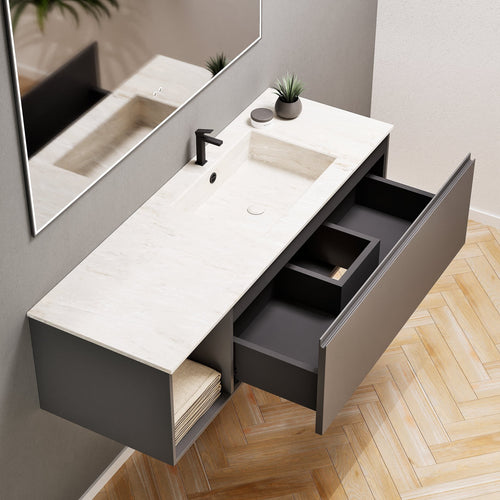 Alba – Corian® Basin Unit with 2 Stacked Drawers vanity & 2 Side Shelves - Rovalux