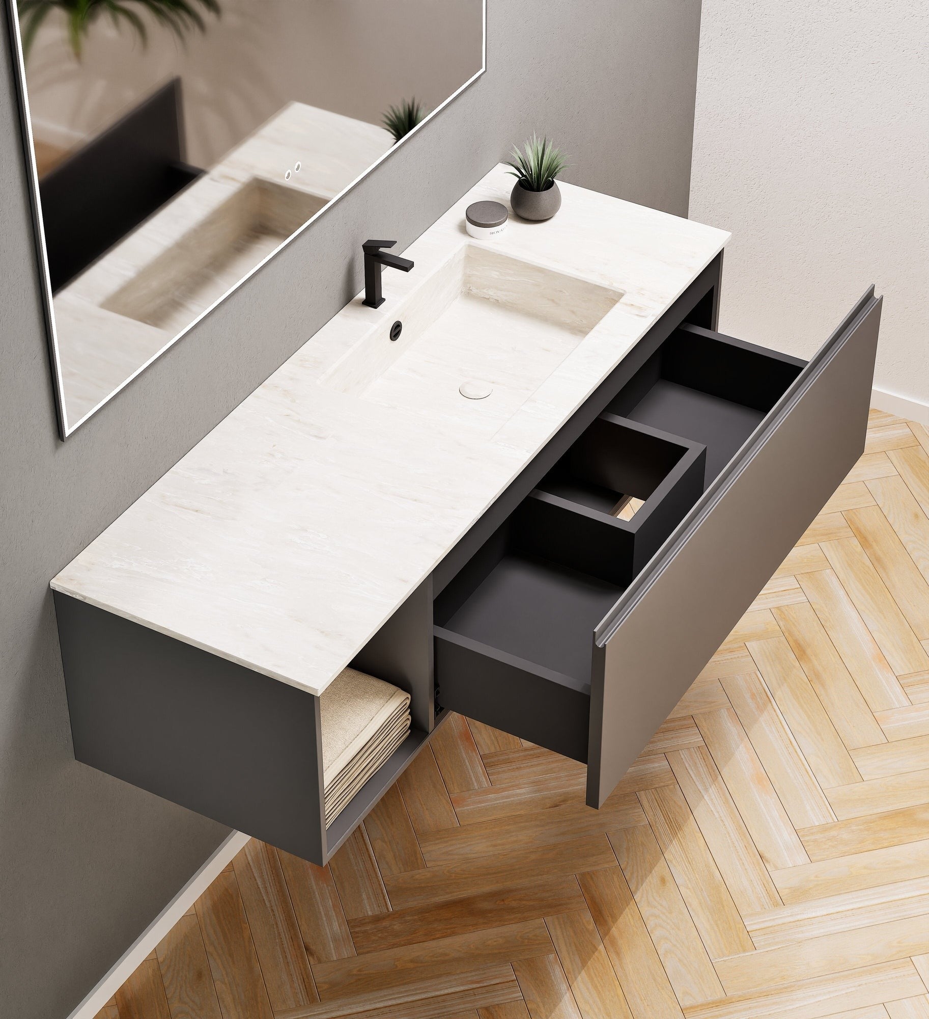 Alba – Corian® Basin Unit with 2 Stacked Drawers vanity & 2 Side Shelves - Rovalux