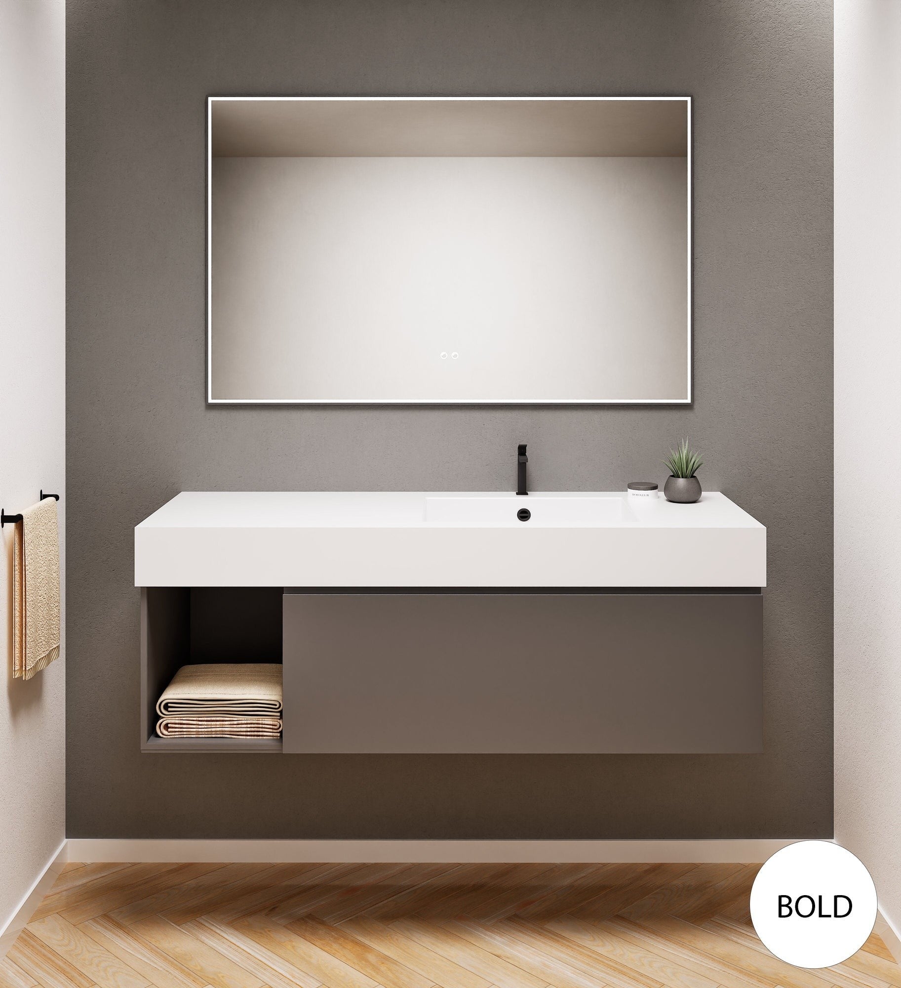 Alba – Corian® Basin Unit with 2 Stacked Drawers vanity & 2 Side Shelves - Rovalux