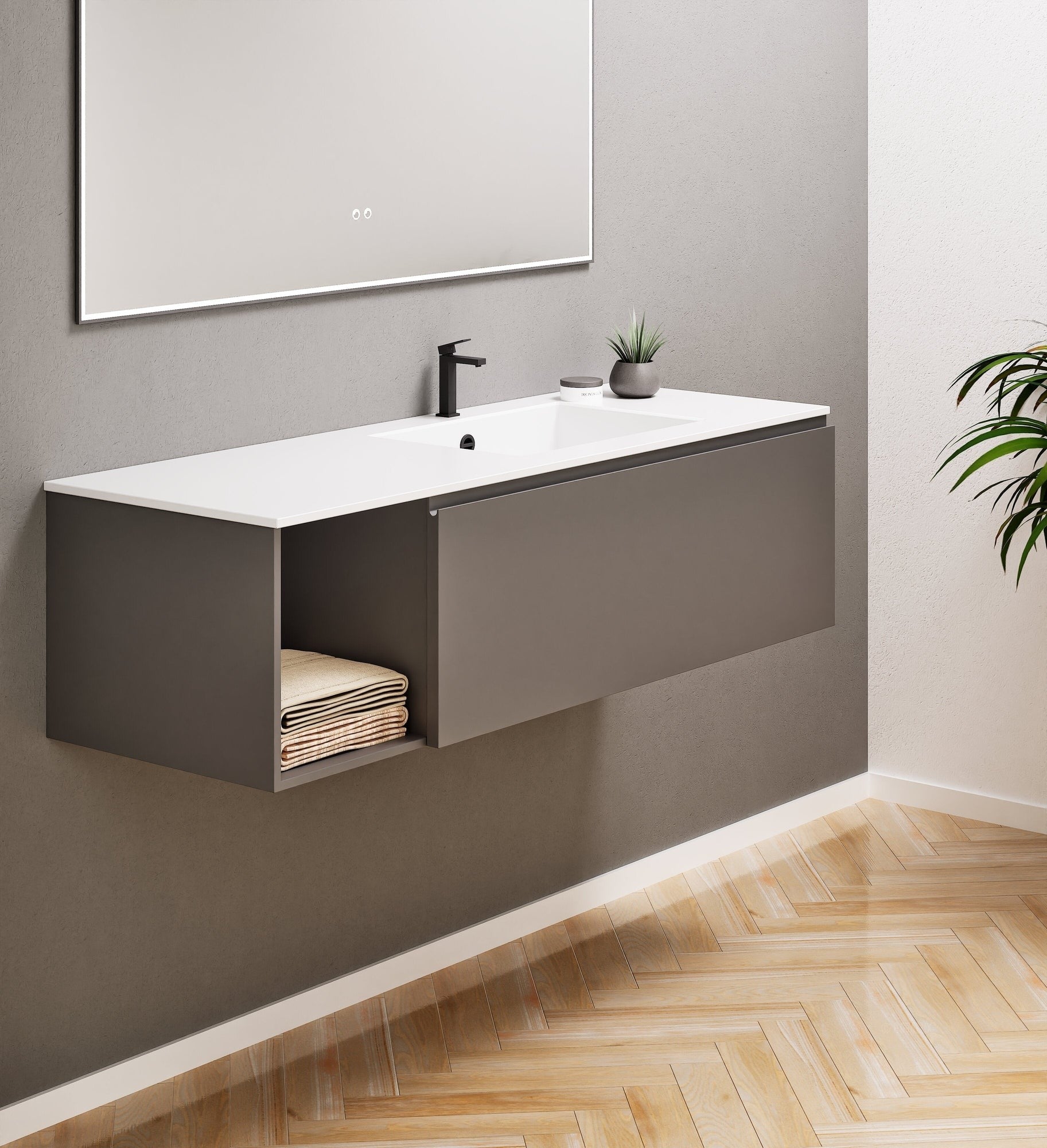 Alba – Corian® Basin Unit with 2 Stacked Drawers vanity & 2 Side Shelves - Rovalux