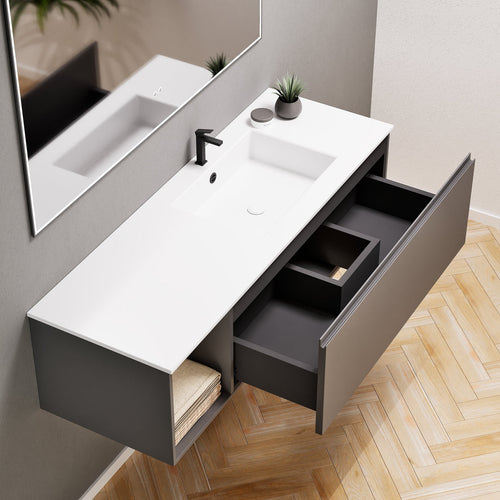Alba – Corian® Basin Unit with 2 Stacked Drawers vanity & 2 Side Shelves - Rovalux