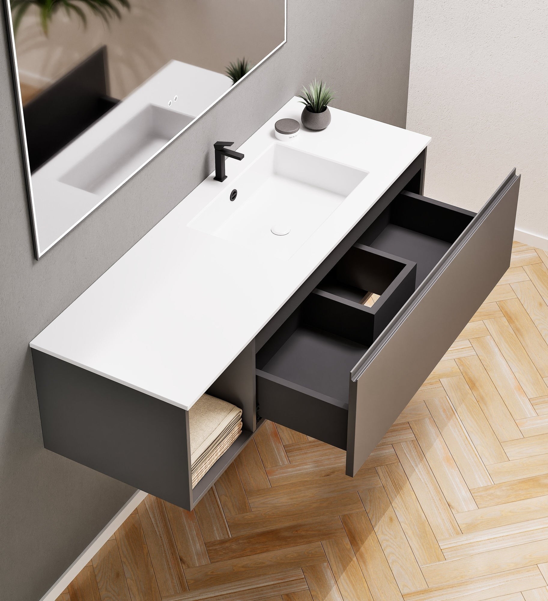 Alba – Corian® Basin Unit with 2 Stacked Drawers vanity & 2 Side Shelves - Rovalux