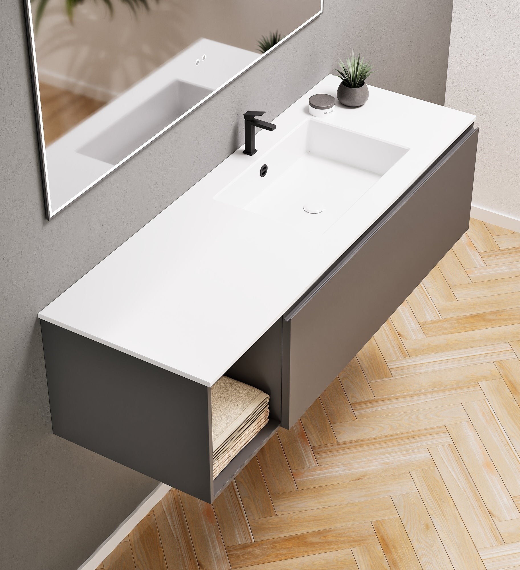 Alba – Corian® Basin Unit with 2 Stacked Drawers vanity & 2 Side Shelves - Rovalux