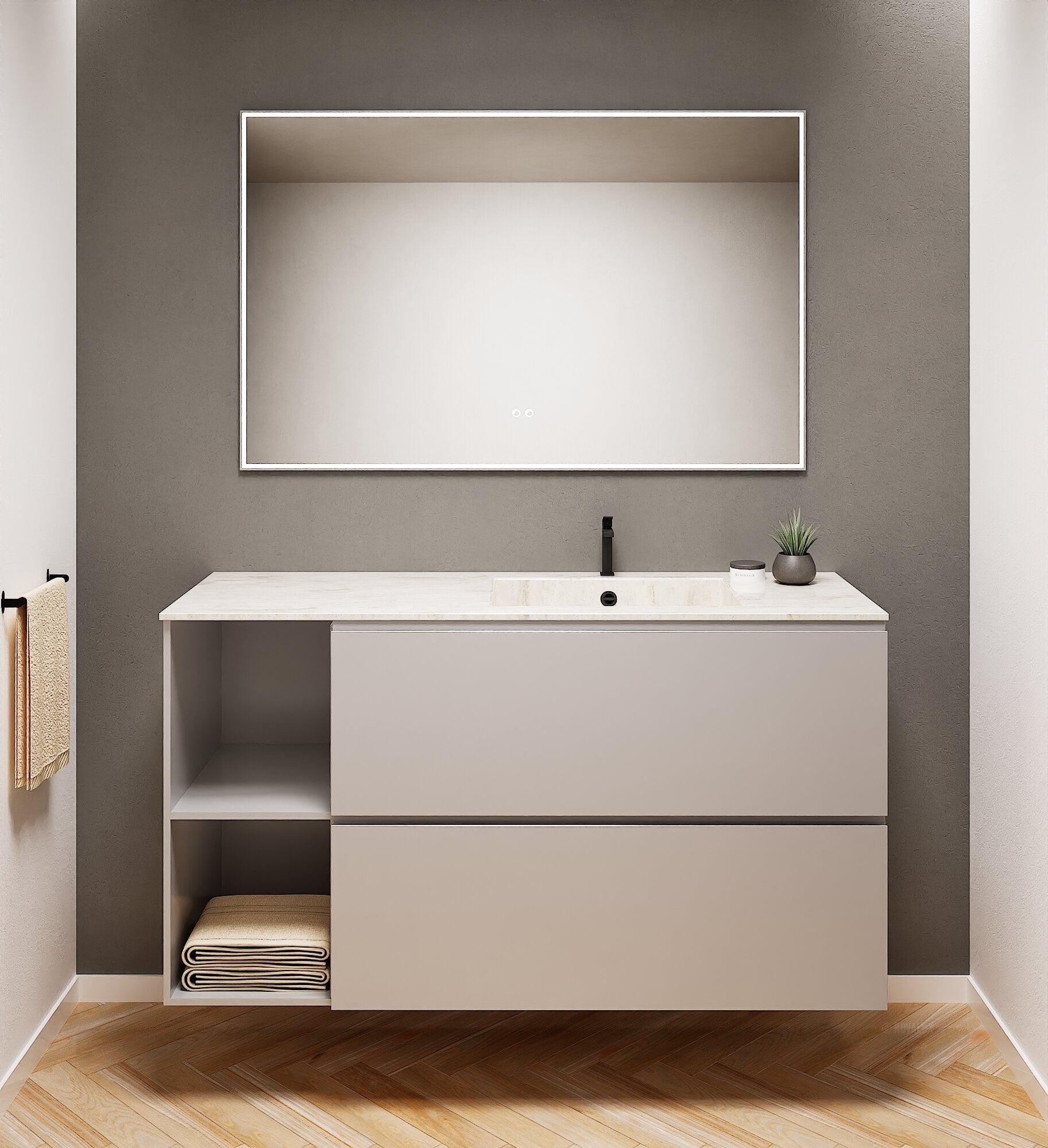 ALBA - Integrated single sink basin unit & 2 Stacked Drawers vanity unit 2 Side Shelves - Rovalux