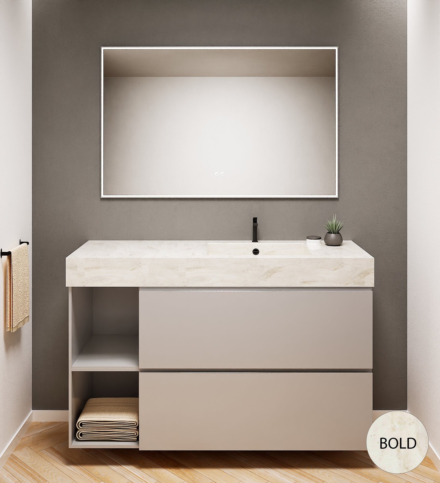ALBA - Integrated single sink basin unit & 2 Stacked Drawers vanity unit 2 Side Shelves - Rovalux