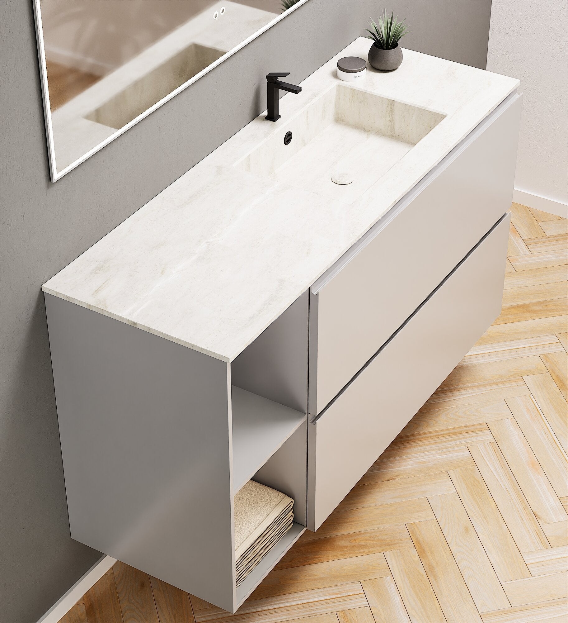 ALBA - Integrated single sink basin unit & 2 Stacked Drawers vanity unit 2 Side Shelves - Rovalux