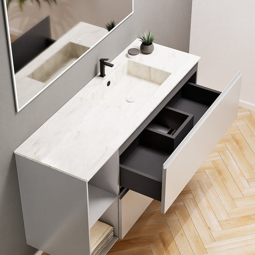 ALBA - Integrated single sink basin unit & 2 Stacked Drawers vanity unit 2 Side Shelves - Rovalux