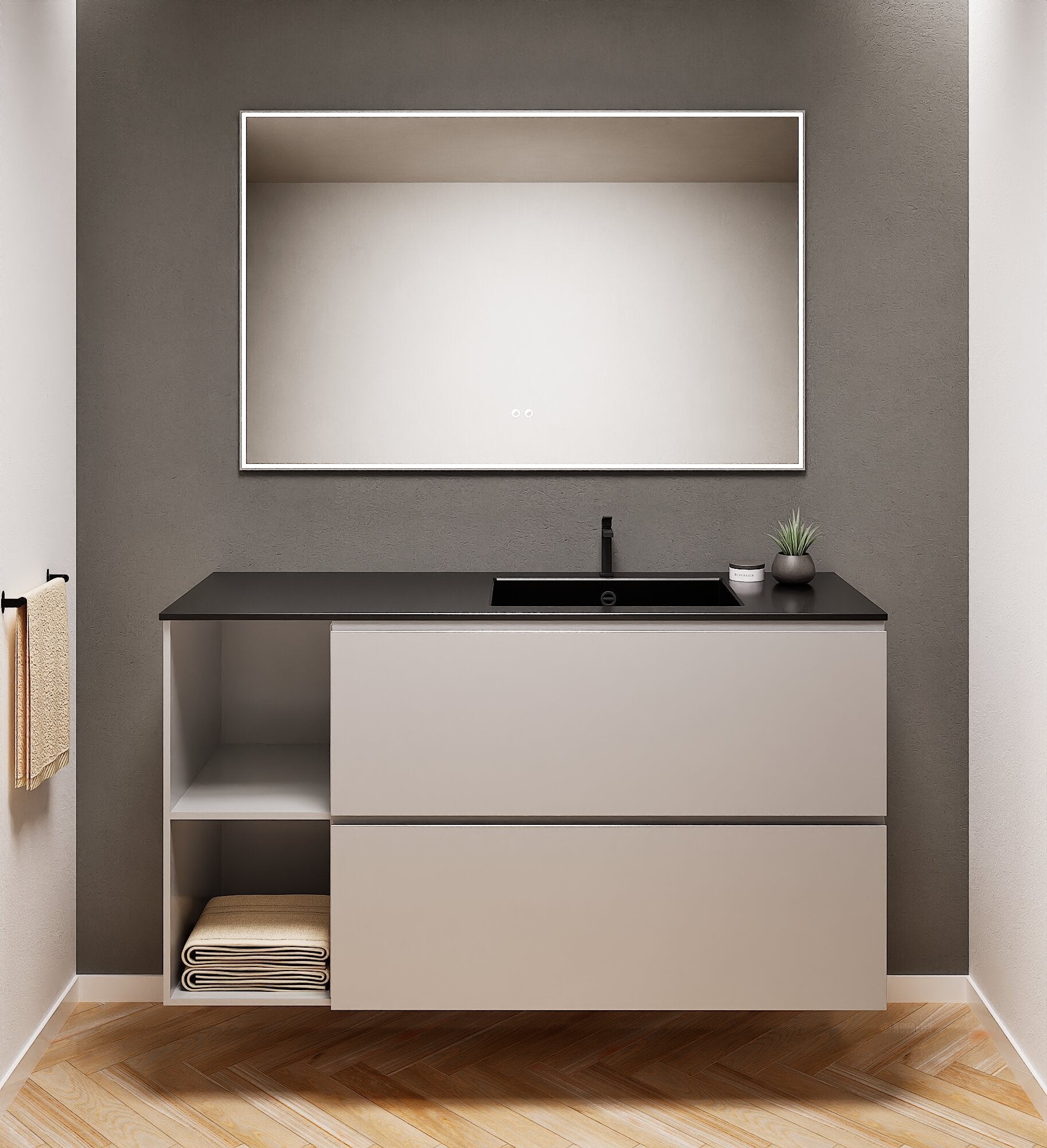 ALBA - Integrated single sink basin unit & 2 Stacked Drawers vanity unit 2 Side Shelves - Rovalux