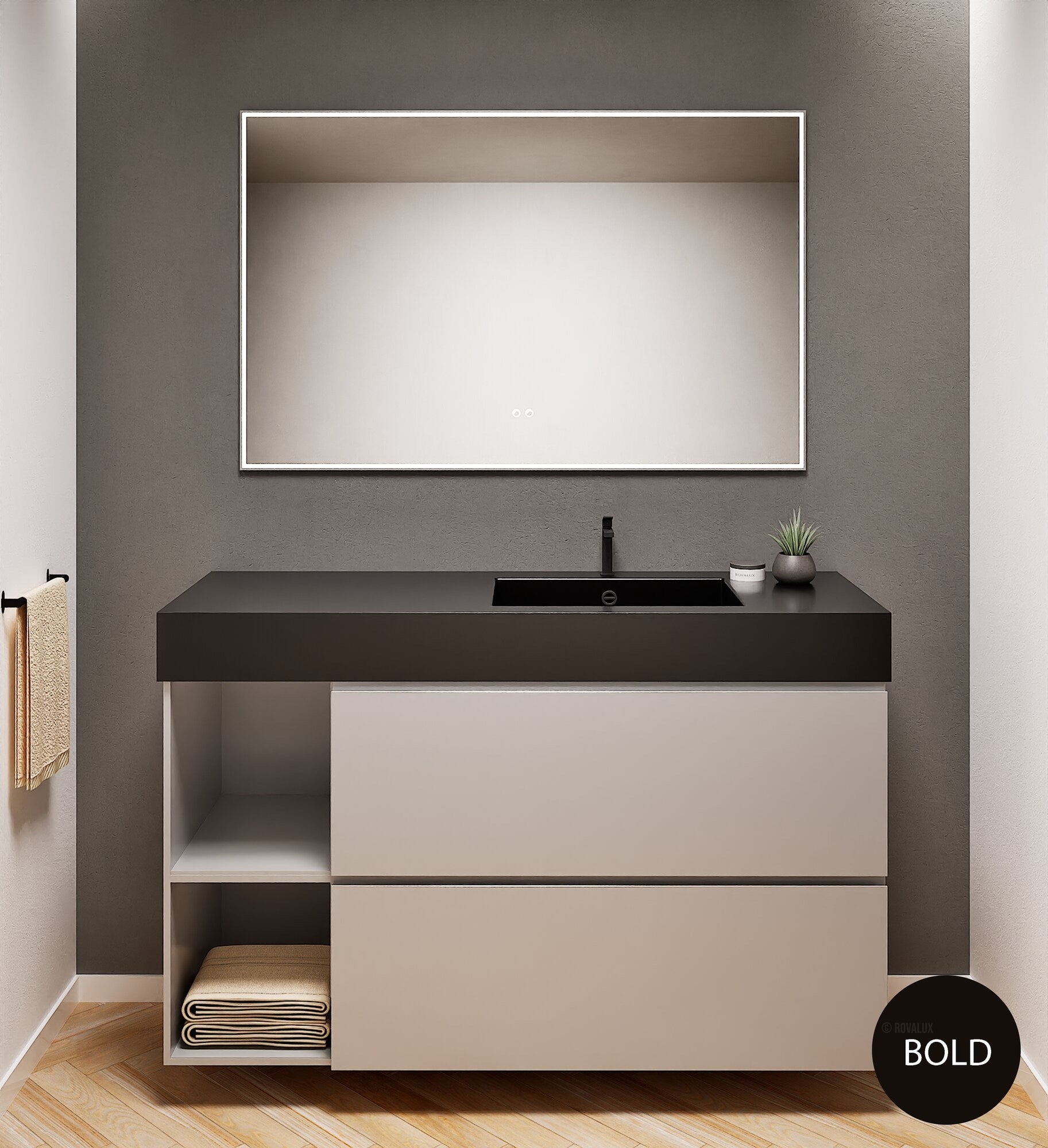 ALBA - Integrated single sink basin unit & 2 Stacked Drawers vanity unit 2 Side Shelves - Rovalux