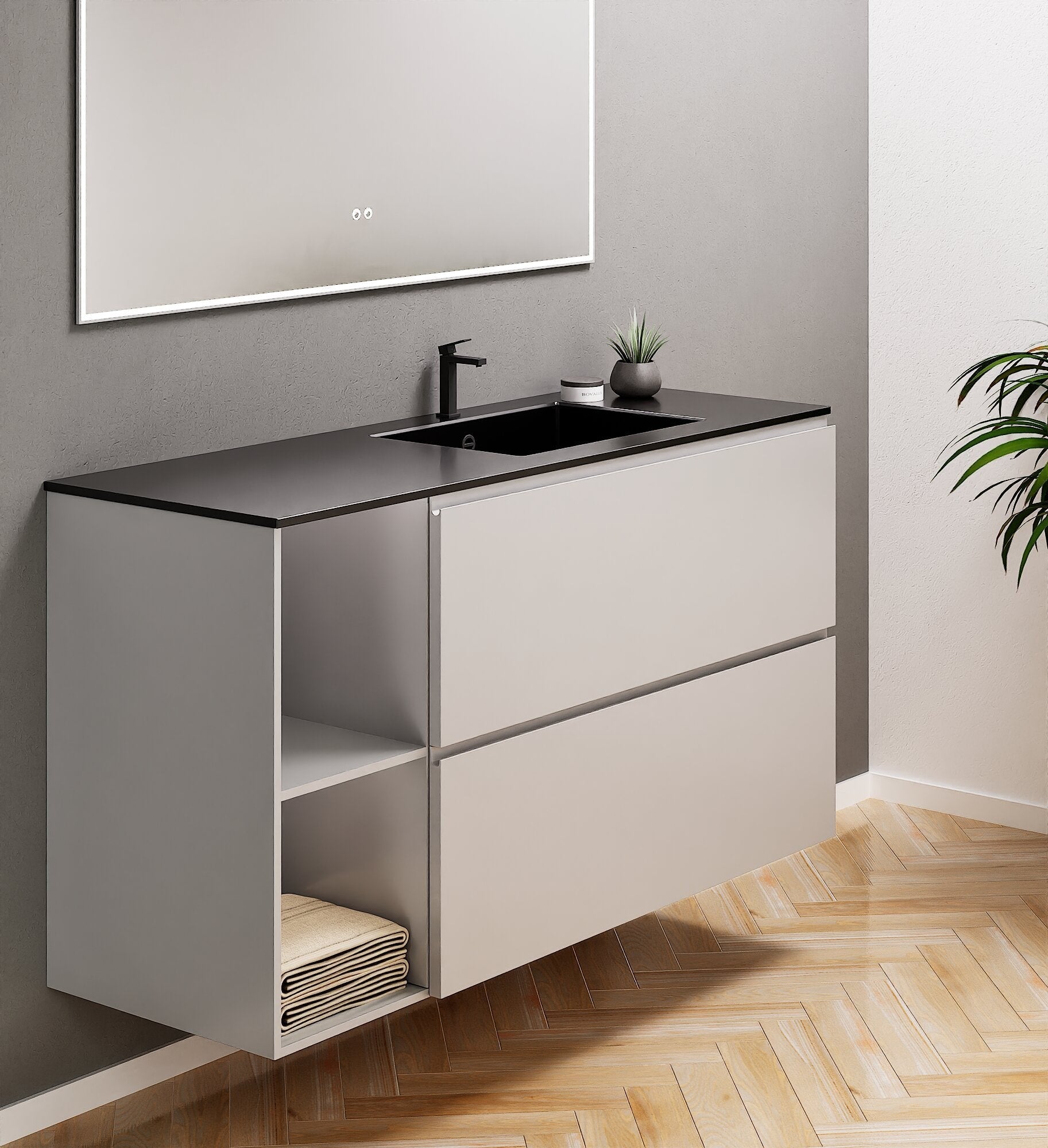 ALBA - Integrated single sink basin unit & 2 Stacked Drawers vanity unit 2 Side Shelves - Rovalux