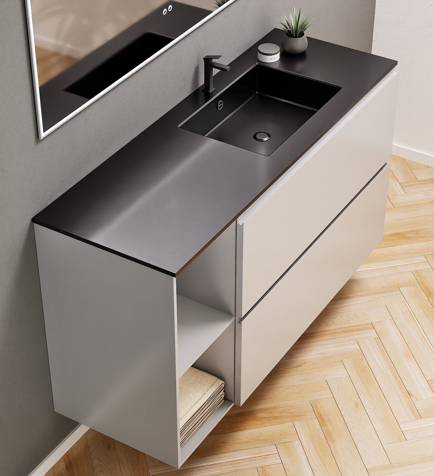 ALBA - Integrated single sink basin unit & 2 Stacked Drawers vanity unit 2 Side Shelves - Rovalux