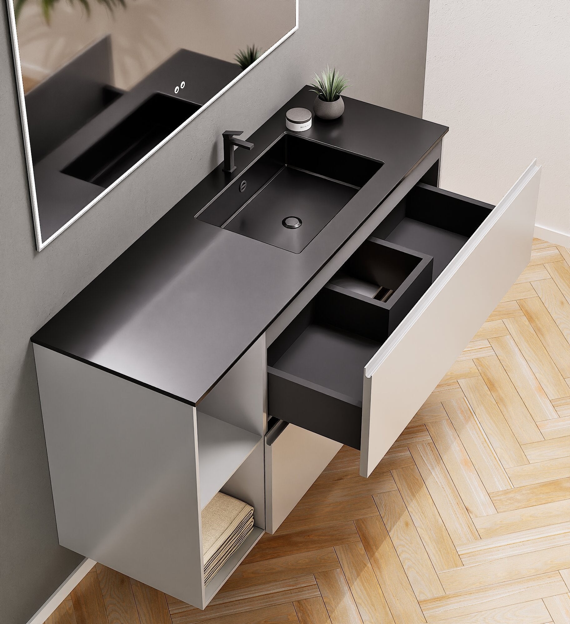 ALBA - Integrated single sink basin unit & 2 Stacked Drawers vanity unit 2 Side Shelves - Rovalux