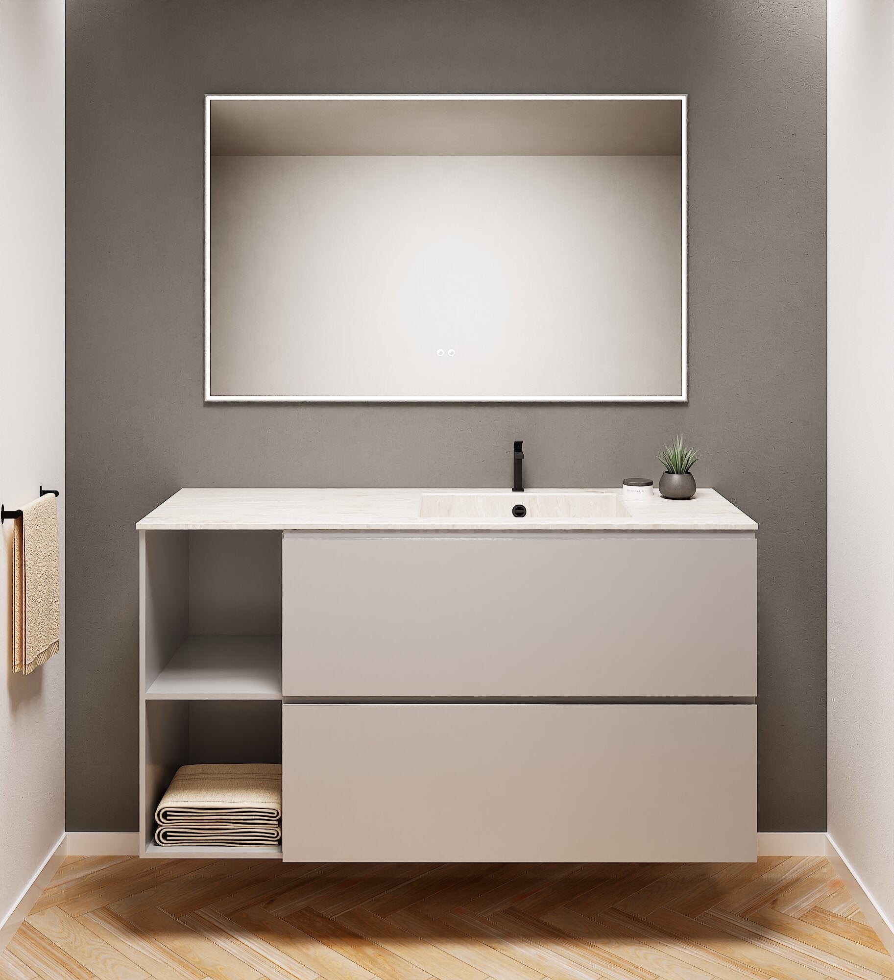 ALBA - Integrated single sink basin unit & 2 Stacked Drawers vanity unit 2 Side Shelves - Rovalux