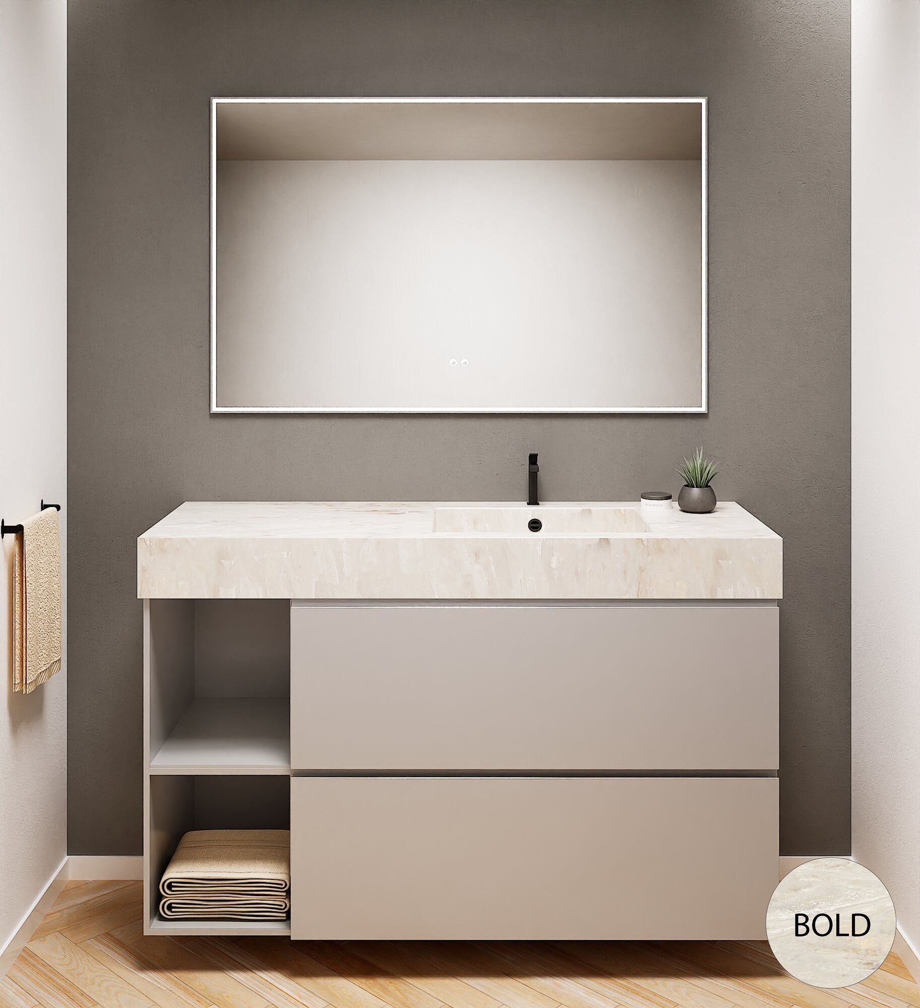 ALBA - Integrated single sink basin unit & 2 Stacked Drawers vanity unit 2 Side Shelves - Rovalux