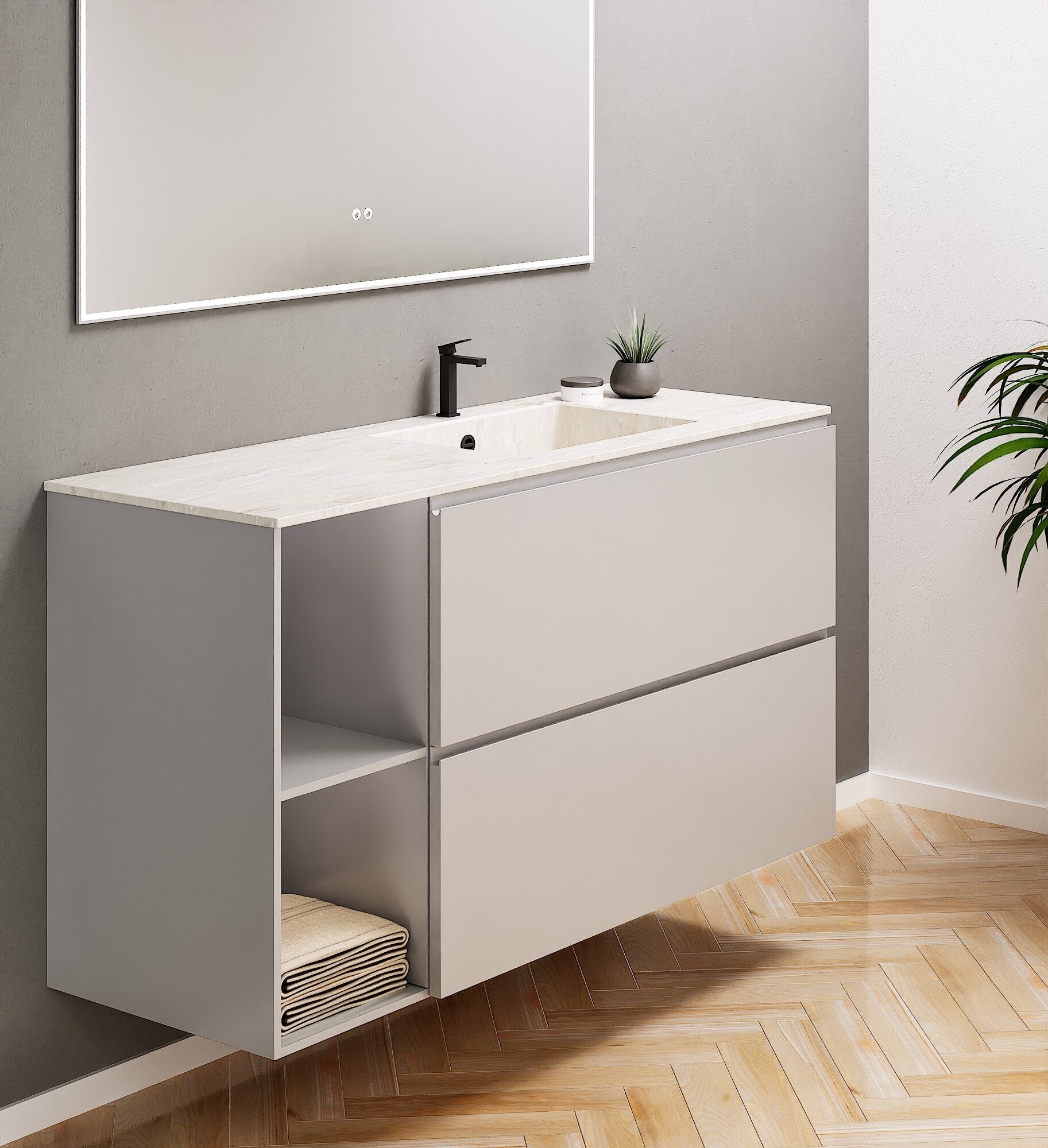 ALBA - Integrated single sink basin unit & 2 Stacked Drawers vanity unit 2 Side Shelves - Rovalux