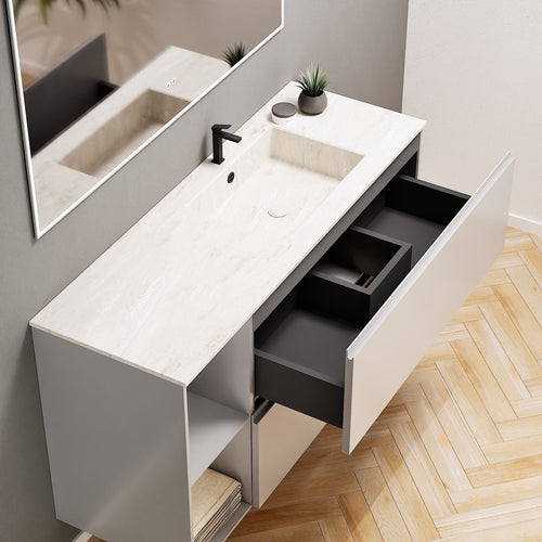 ALBA - Integrated single sink basin unit & 2 Stacked Drawers vanity unit 2 Side Shelves - Rovalux