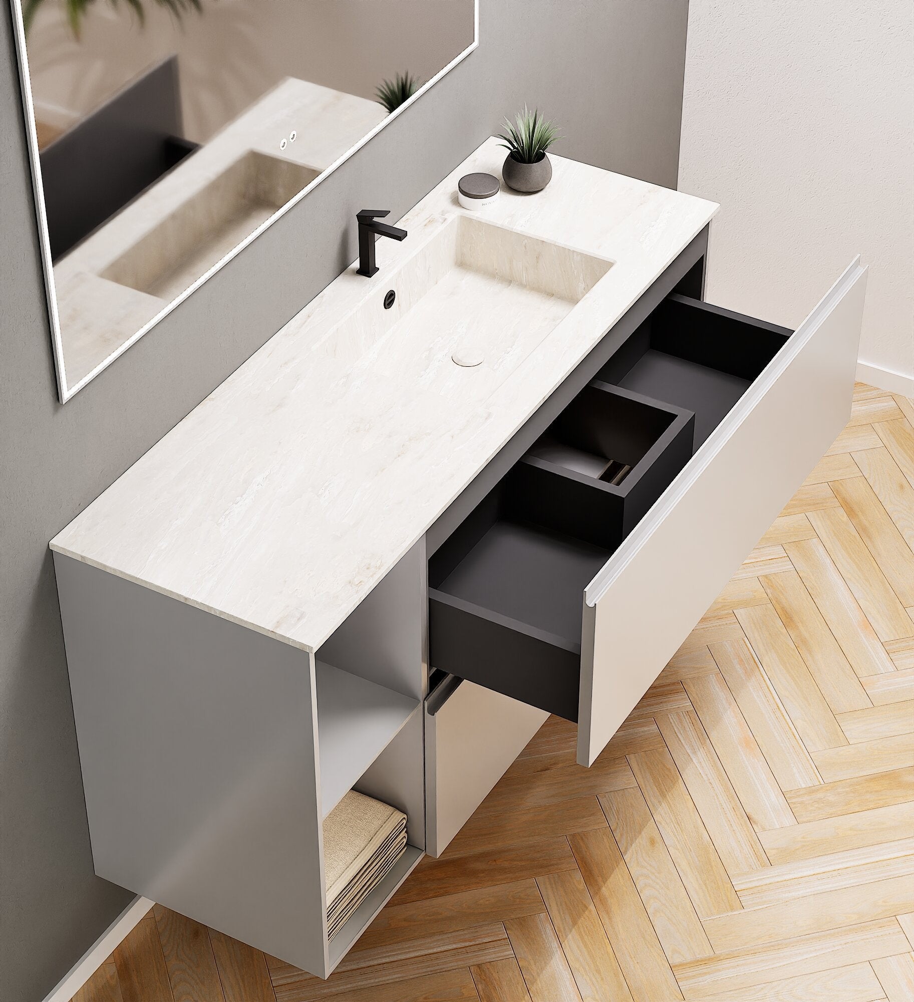 ALBA - Integrated single sink basin unit & 2 Stacked Drawers vanity unit 2 Side Shelves - Rovalux