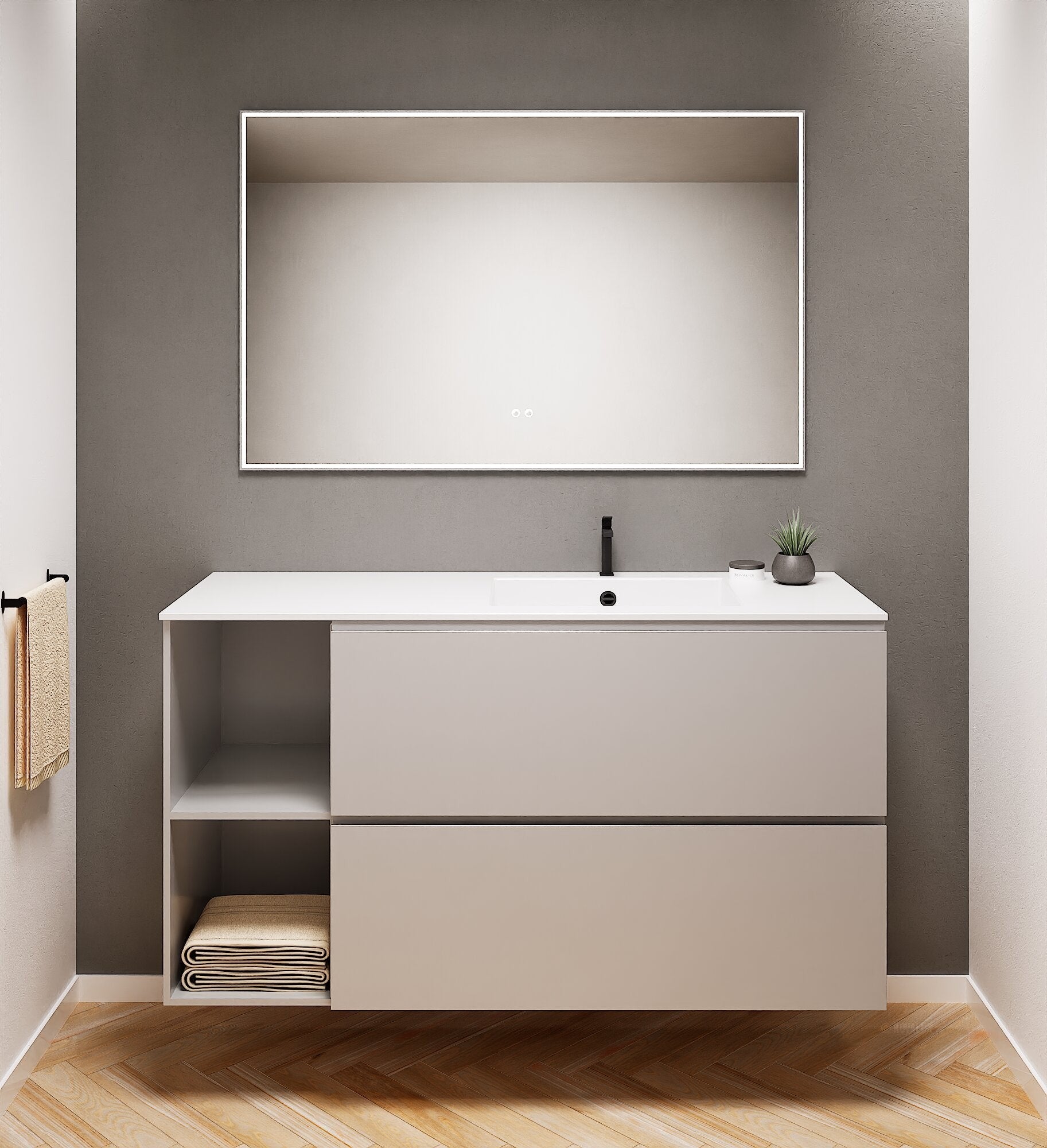 ALBA - Integrated single sink basin unit & 2 Stacked Drawers vanity unit 2 Side Shelves - Rovalux