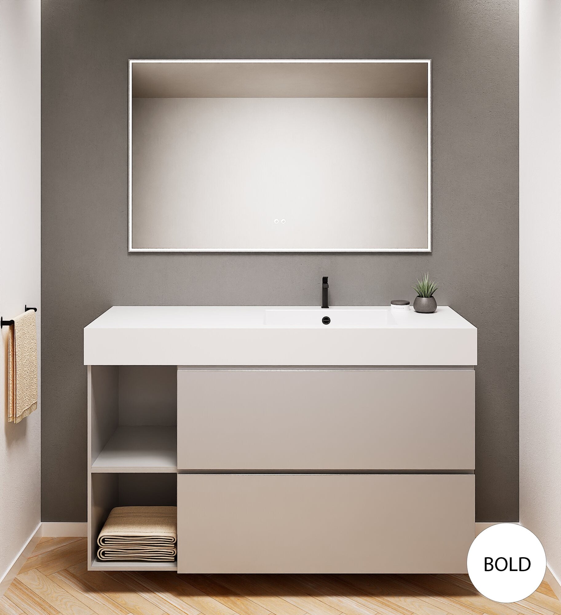 ALBA - Integrated single sink basin unit & 2 Stacked Drawers vanity unit 2 Side Shelves - Rovalux