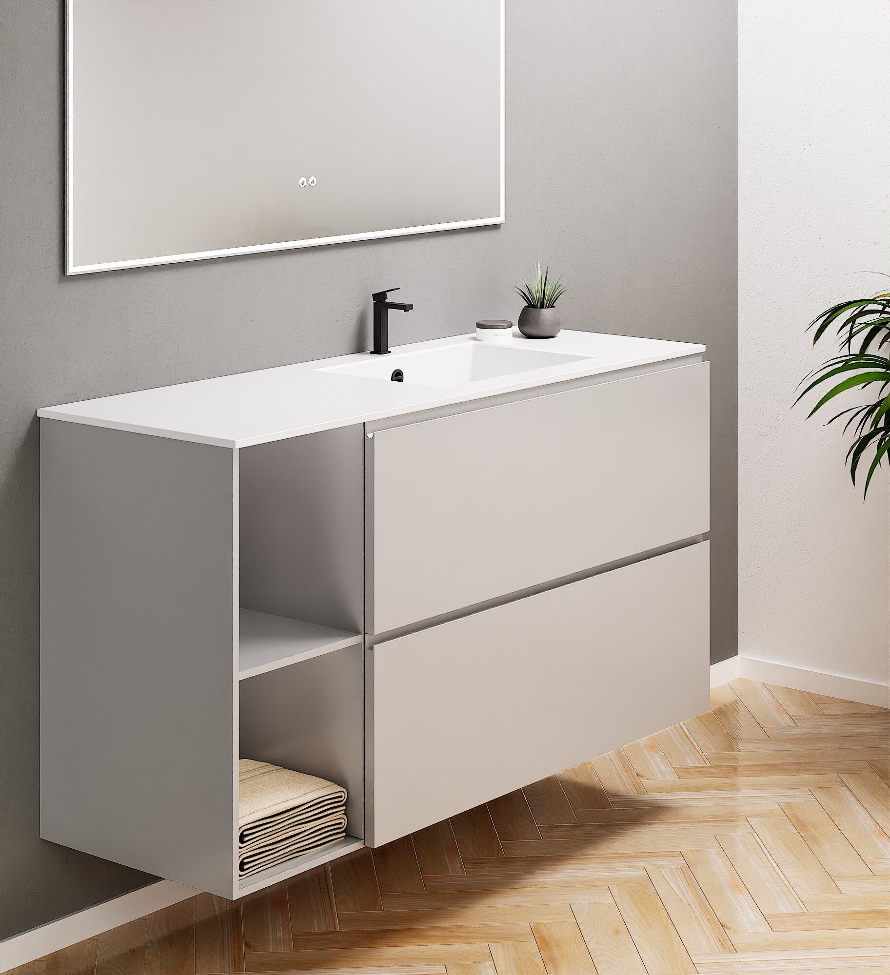 ALBA - Integrated single sink basin unit & 2 Stacked Drawers vanity unit 2 Side Shelves - Rovalux