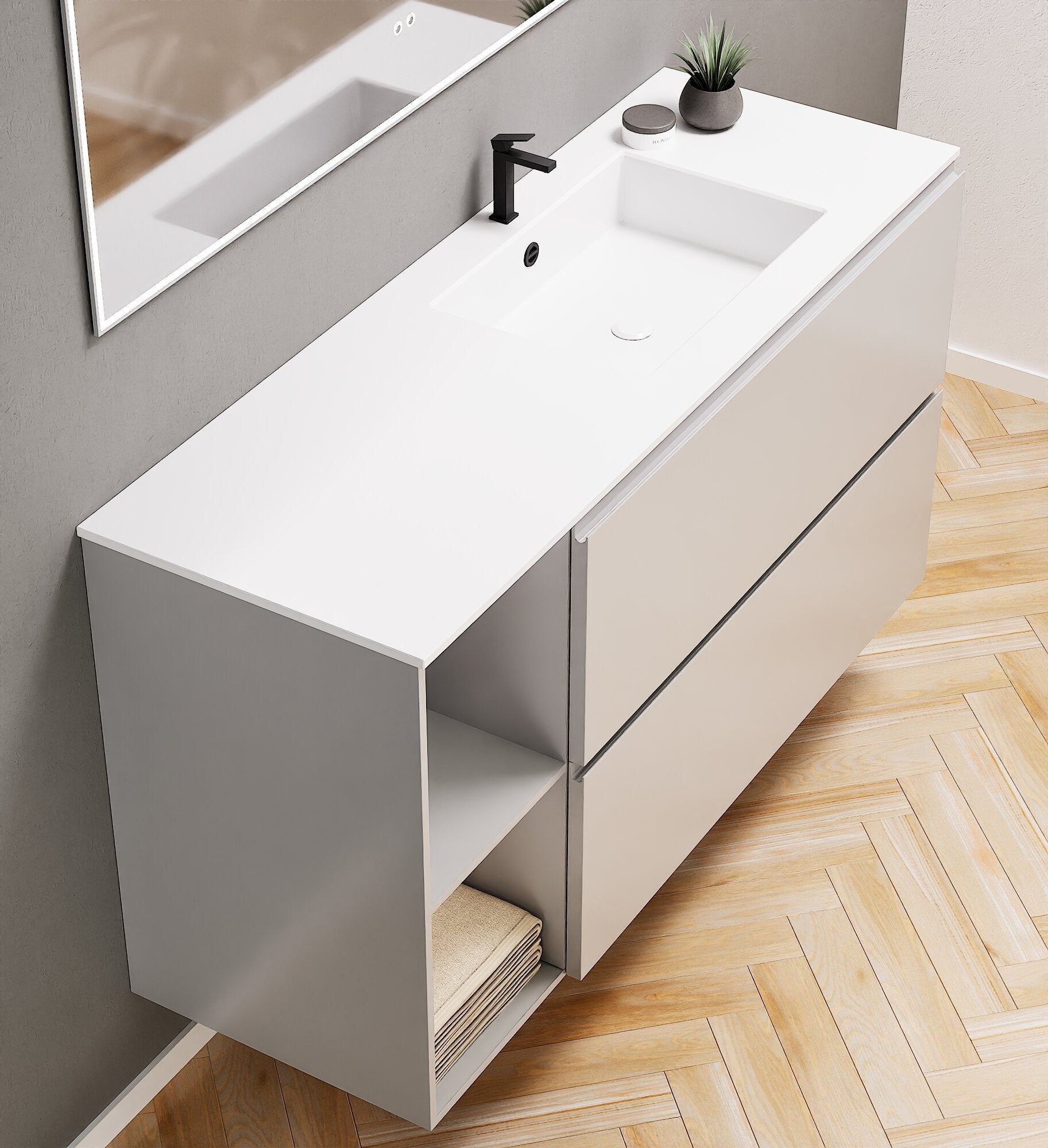 ALBA - Integrated single sink basin unit & 2 Stacked Drawers vanity unit 2 Side Shelves - Rovalux