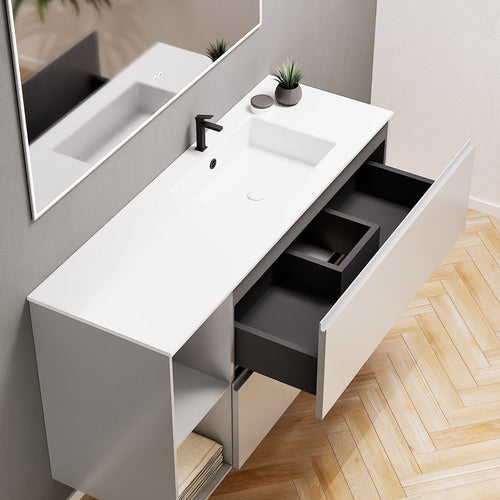 ALBA - Integrated single sink basin unit & 2 Stacked Drawers vanity unit 2 Side Shelves - Rovalux
