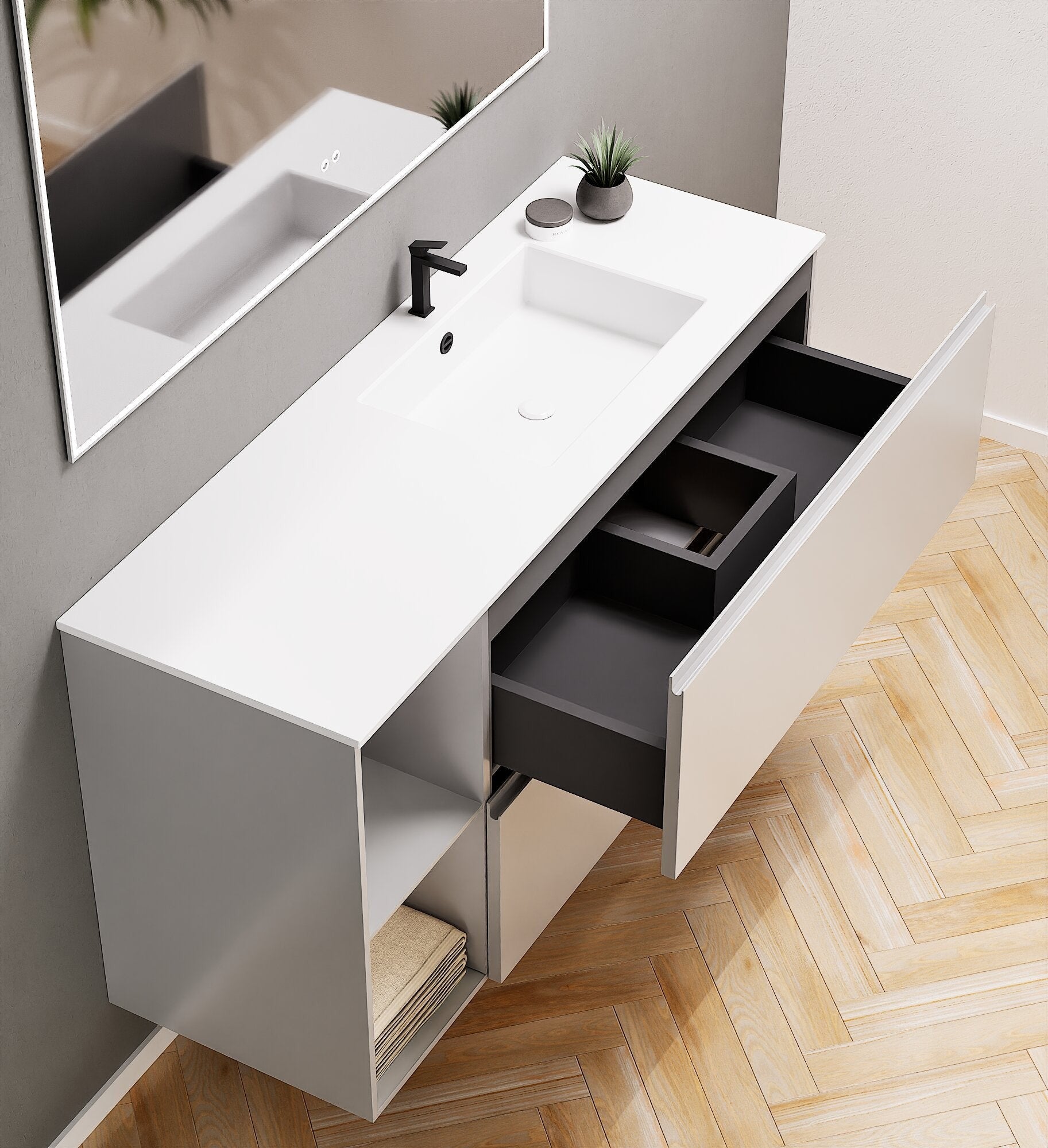 ALBA - Integrated single sink basin unit & 2 Stacked Drawers vanity unit 2 Side Shelves - Rovalux