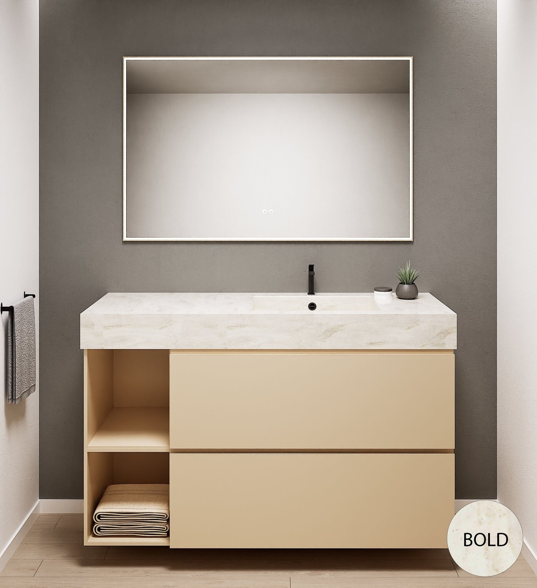 ALBA - Integrated single sink basin unit & 2 Stacked Drawers vanity unit 2 Side Shelves - Rovalux