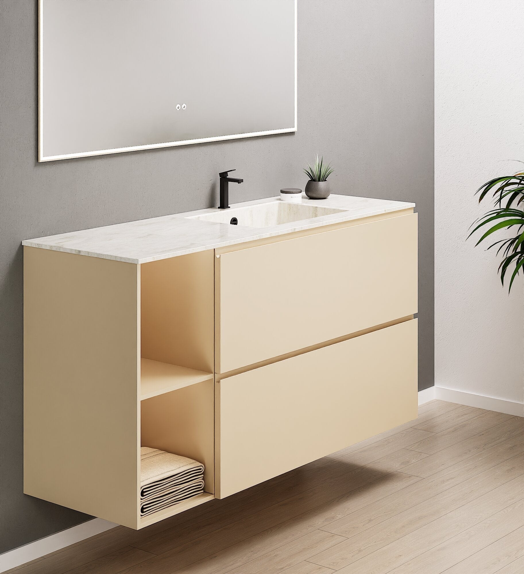 ALBA - Integrated single sink basin unit & 2 Stacked Drawers vanity unit 2 Side Shelves - Rovalux