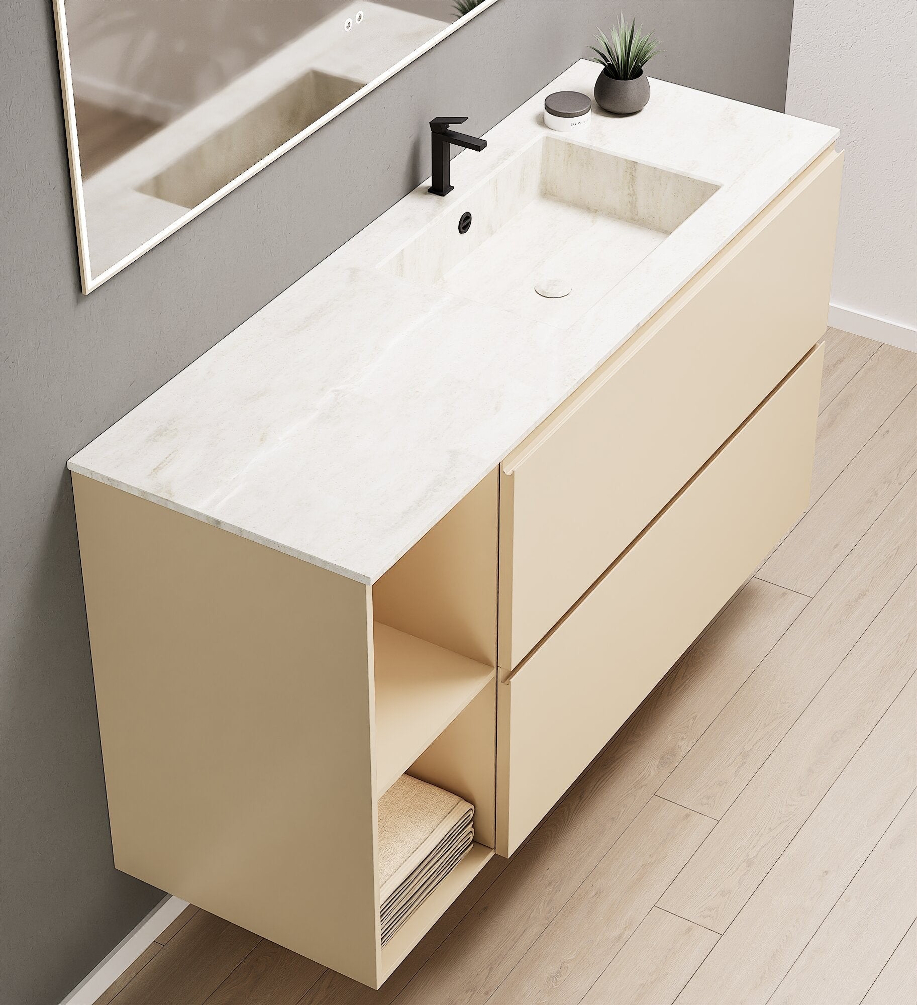 ALBA - Integrated single sink basin unit & 2 Stacked Drawers vanity unit 2 Side Shelves - Rovalux