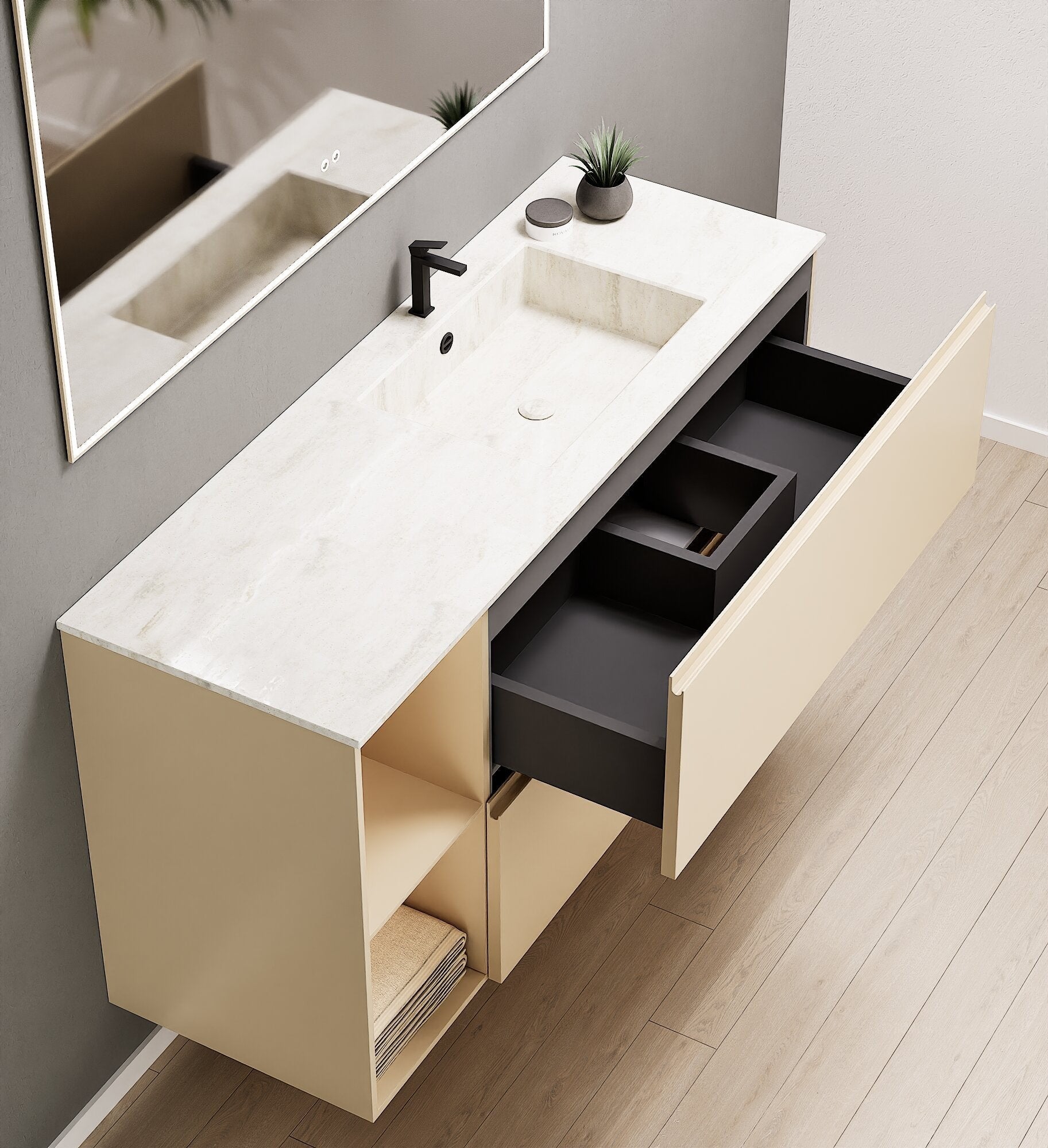 ALBA - Integrated single sink basin unit & 2 Stacked Drawers vanity unit 2 Side Shelves - Rovalux