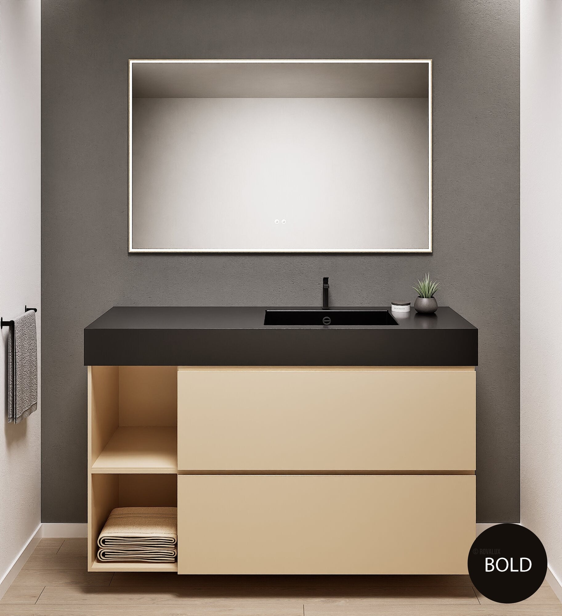 ALBA - Integrated single sink basin unit & 2 Stacked Drawers vanity unit 2 Side Shelves - Rovalux