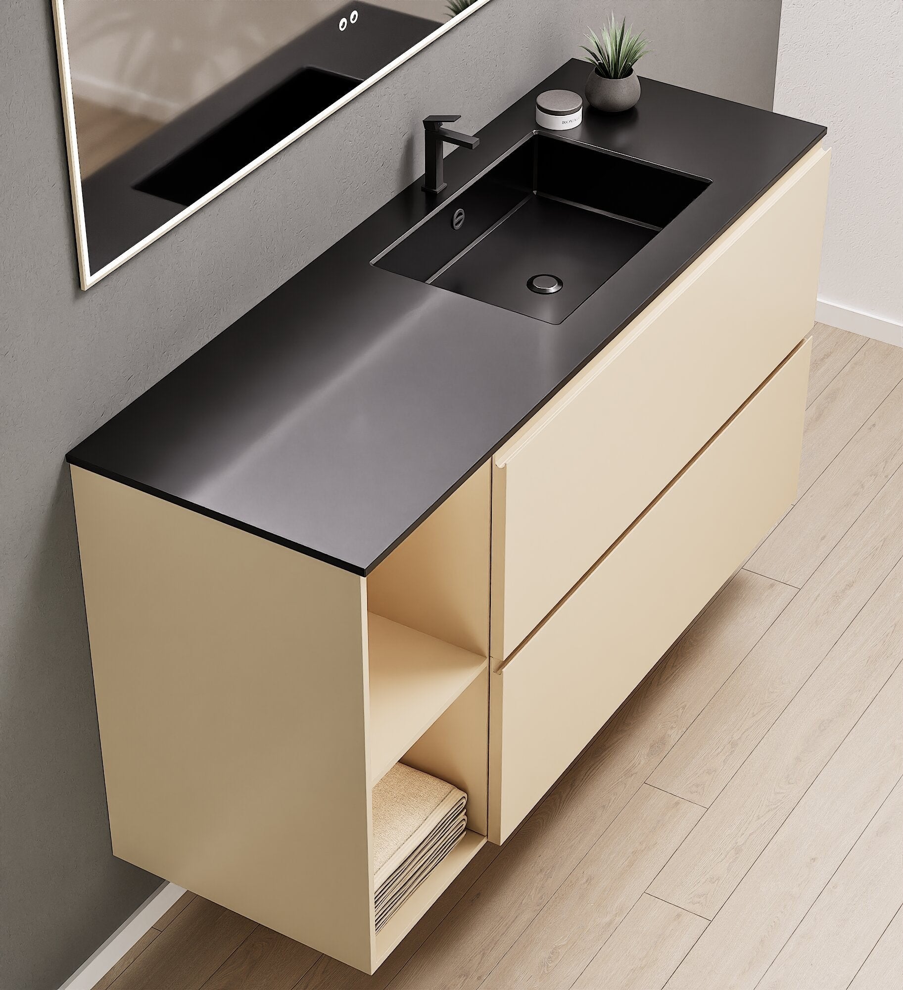 ALBA - Integrated single sink basin unit & 2 Stacked Drawers vanity unit 2 Side Shelves - Rovalux