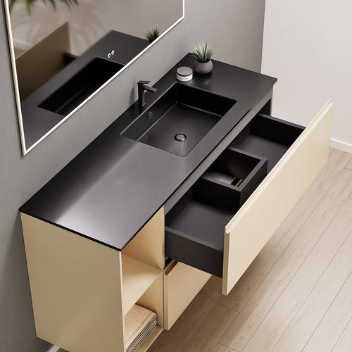 ALBA - Integrated single sink basin unit & 2 Stacked Drawers vanity unit 2 Side Shelves - Rovalux