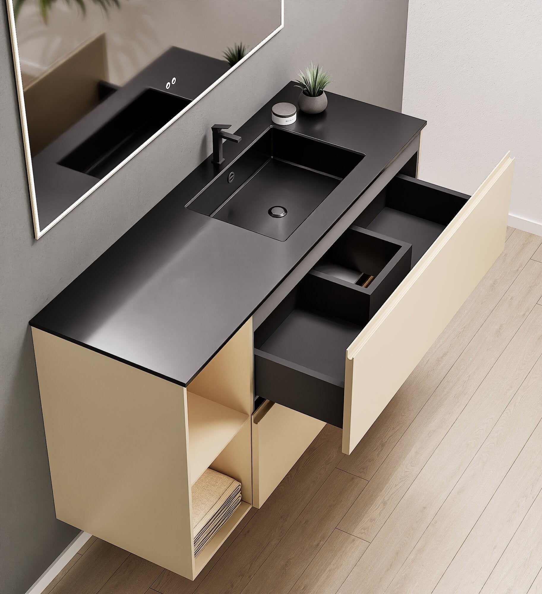 ALBA - Integrated single sink basin unit & 2 Stacked Drawers vanity unit 2 Side Shelves - Rovalux
