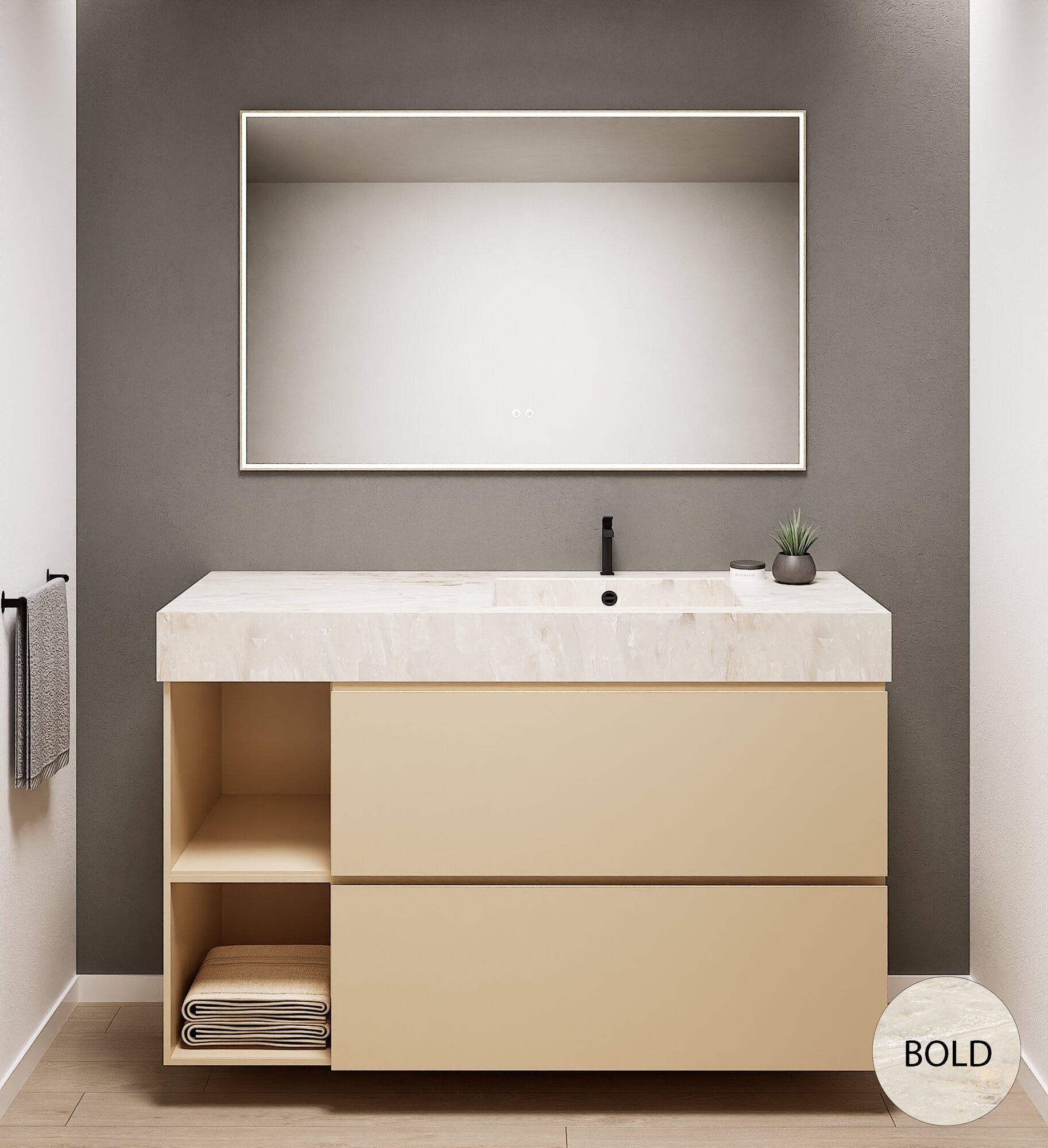 ALBA - Integrated single sink basin unit & 2 Stacked Drawers vanity unit 2 Side Shelves - Rovalux