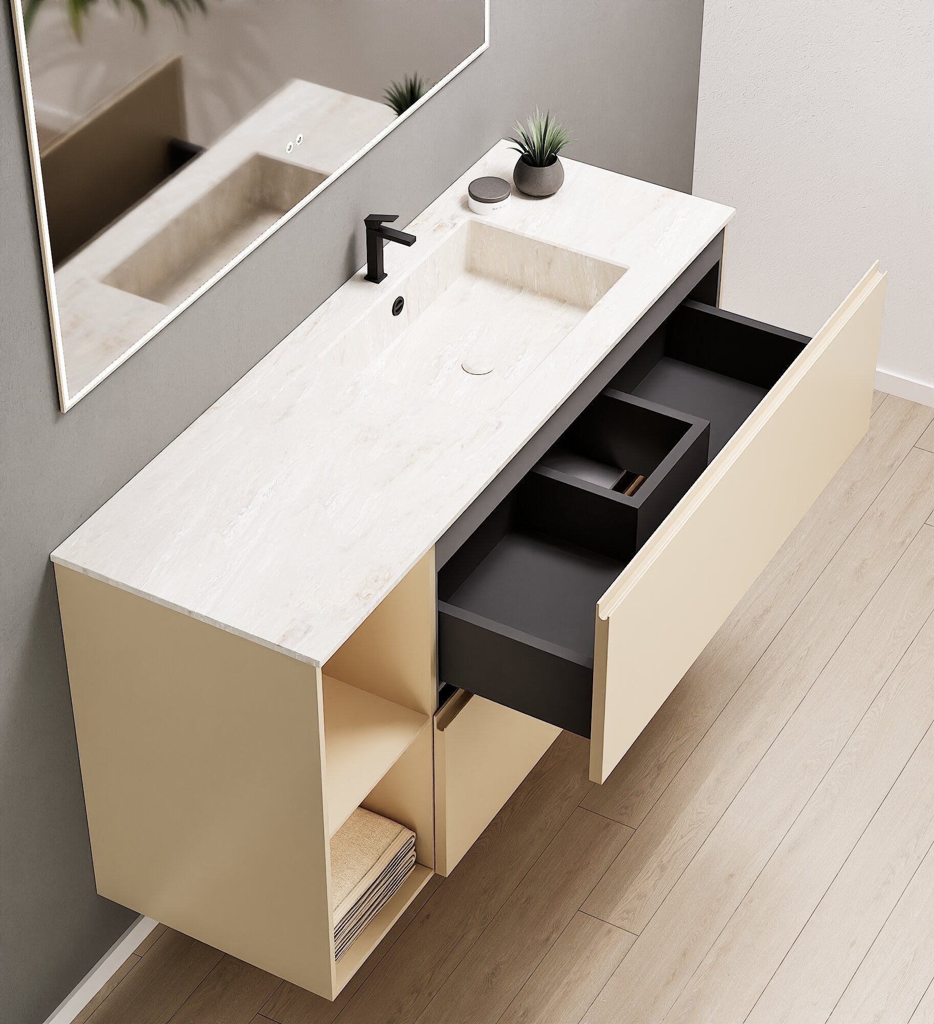 ALBA - Integrated single sink basin unit & 2 Stacked Drawers vanity unit 2 Side Shelves - Rovalux