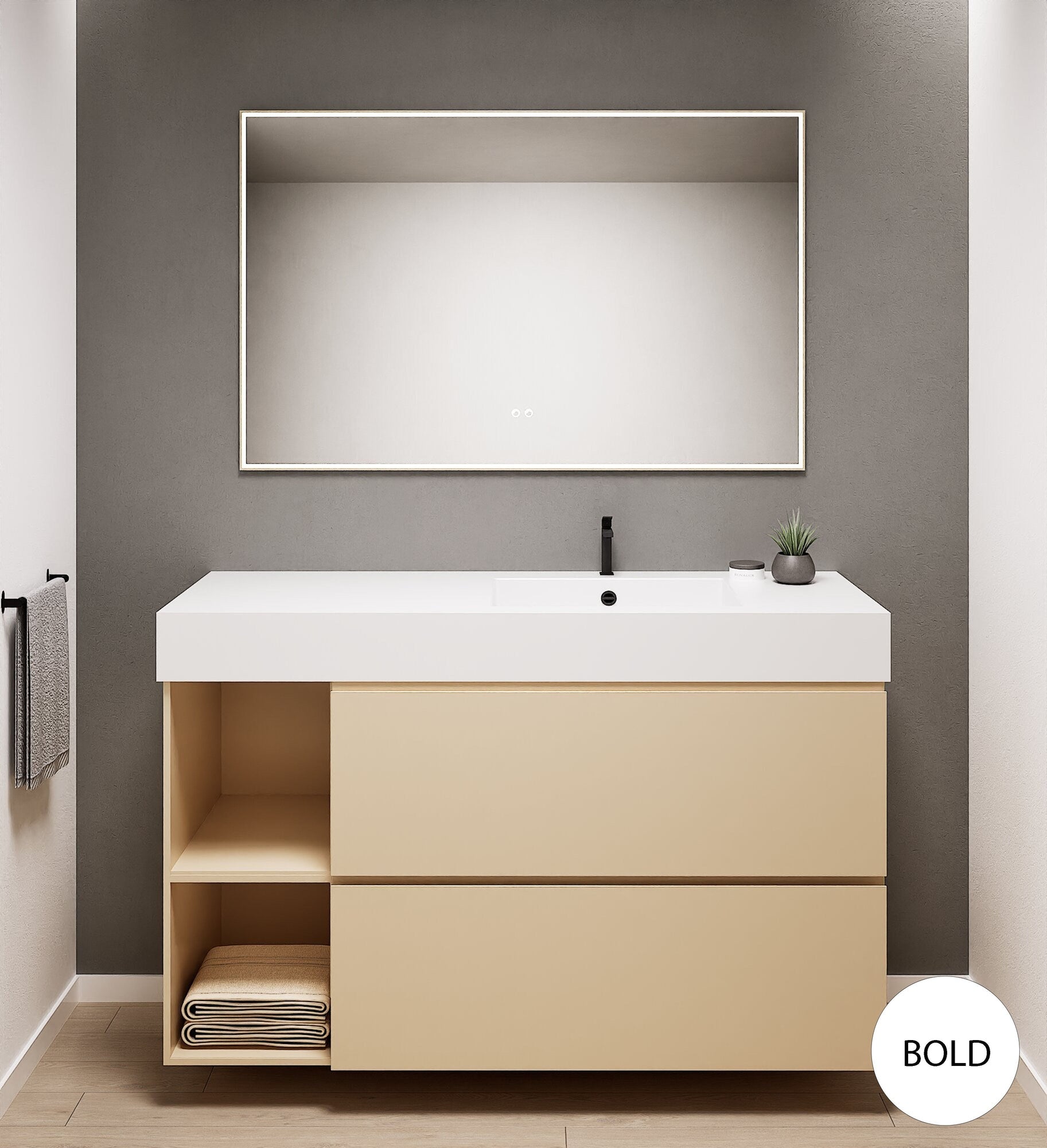 ALBA - Integrated single sink basin unit & 2 Stacked Drawers vanity unit 2 Side Shelves - Rovalux