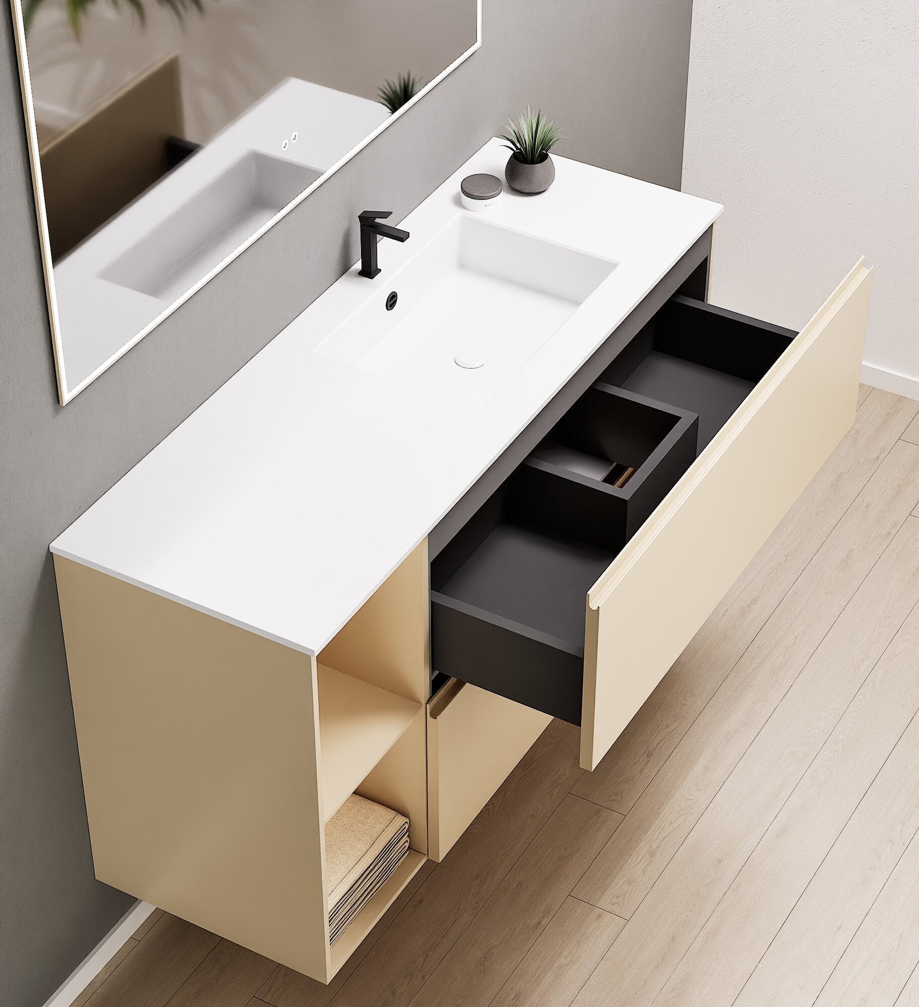 ALBA - Integrated single sink basin unit & 2 Stacked Drawers vanity unit 2 Side Shelves - Rovalux