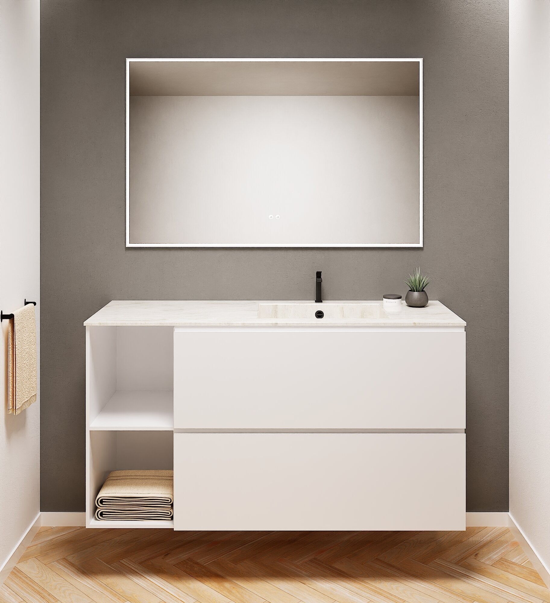 ALBA - Integrated single sink basin unit & 2 Stacked Drawers vanity unit 2 Side Shelves - Rovalux