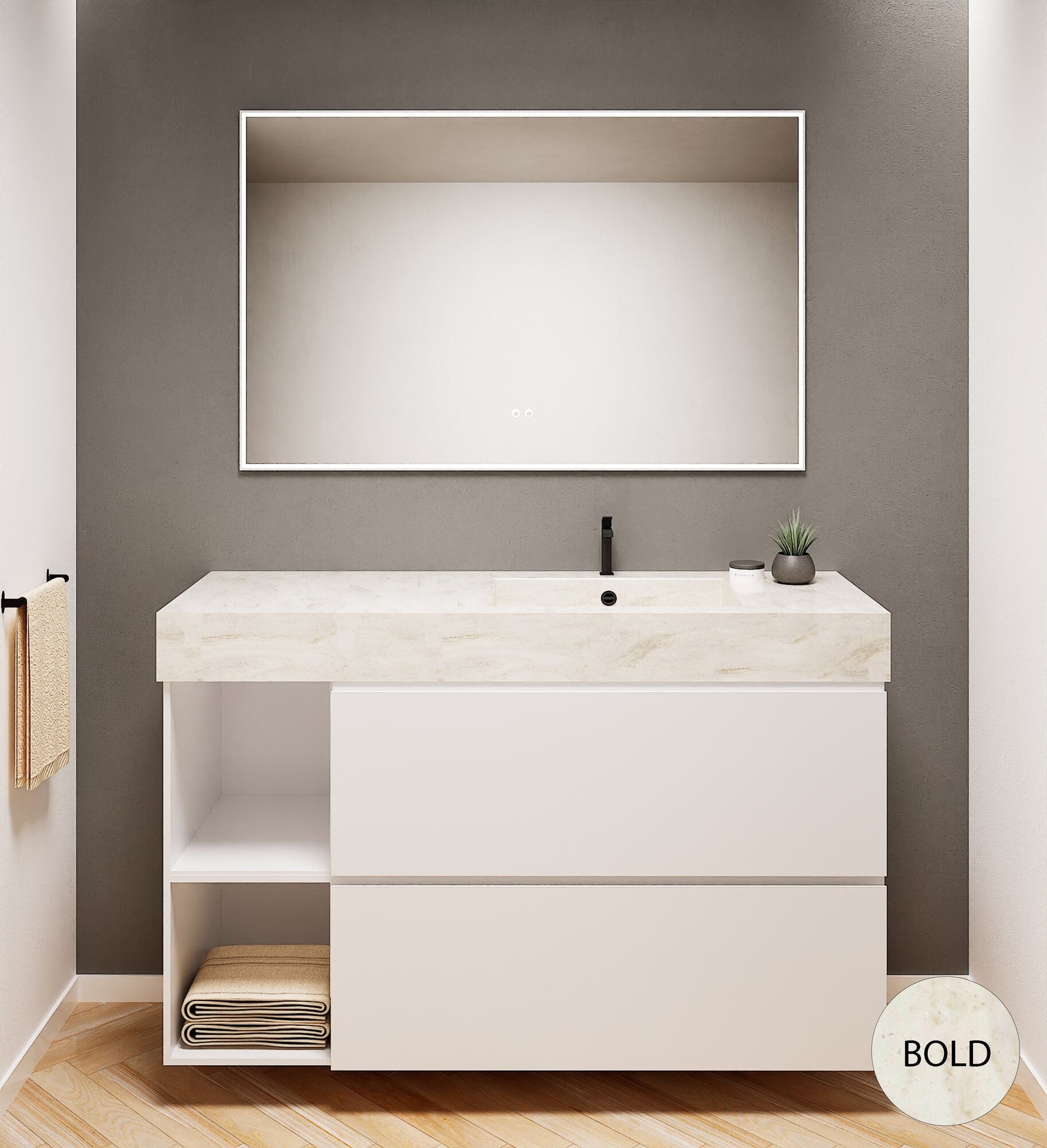 ALBA - Integrated single sink basin unit & 2 Stacked Drawers vanity unit 2 Side Shelves - Rovalux