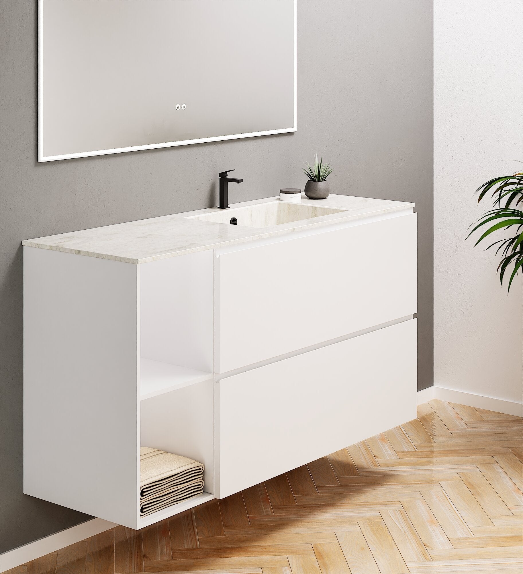 ALBA - Integrated single sink basin unit & 2 Stacked Drawers vanity unit 2 Side Shelves - Rovalux