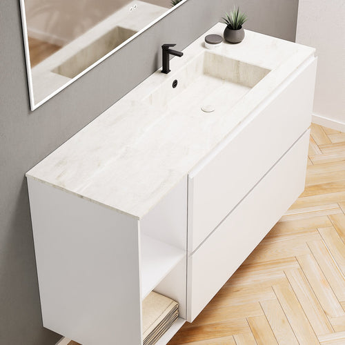 ALBA - Integrated single sink basin unit & 2 Stacked Drawers vanity unit 2 Side Shelves - Rovalux