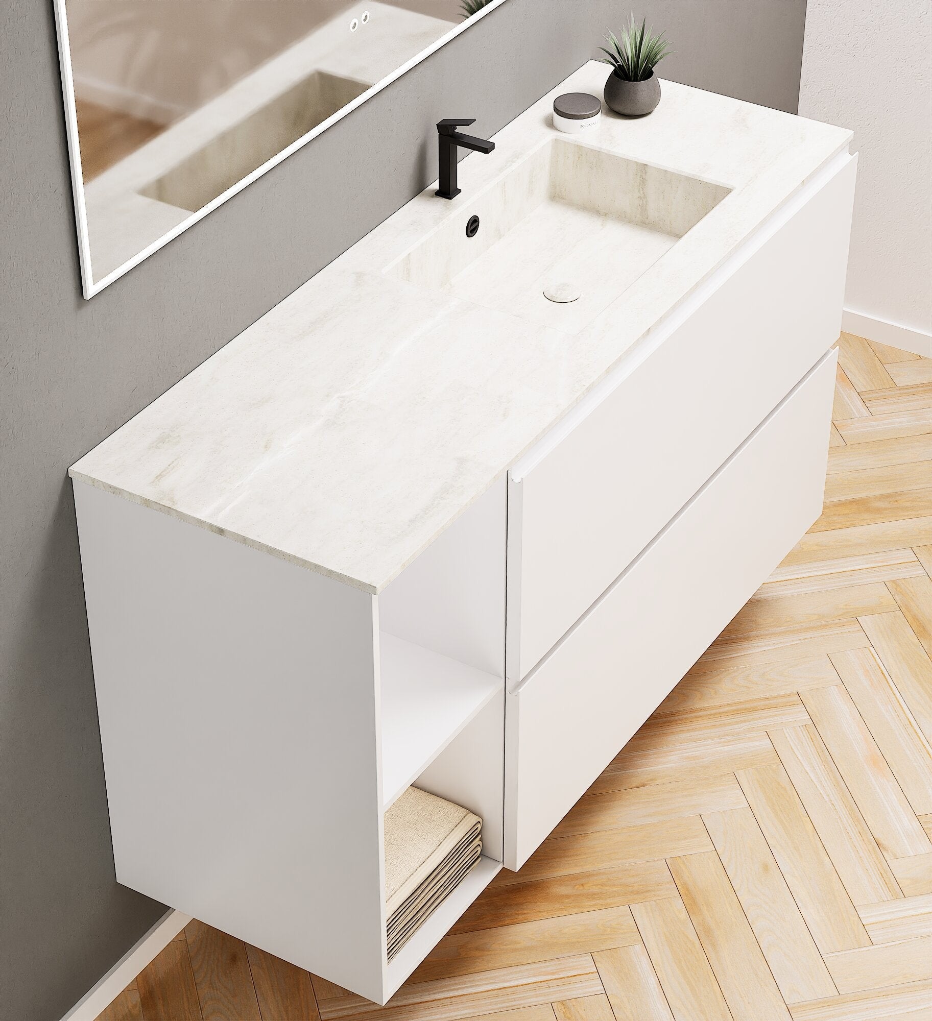 ALBA - Integrated single sink basin unit & 2 Stacked Drawers vanity unit 2 Side Shelves - Rovalux