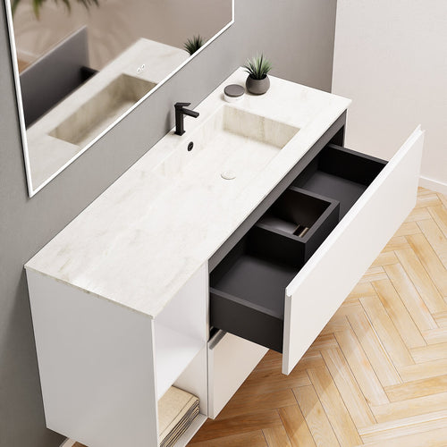ALBA - Integrated single sink basin unit & 2 Stacked Drawers vanity unit 2 Side Shelves - Rovalux