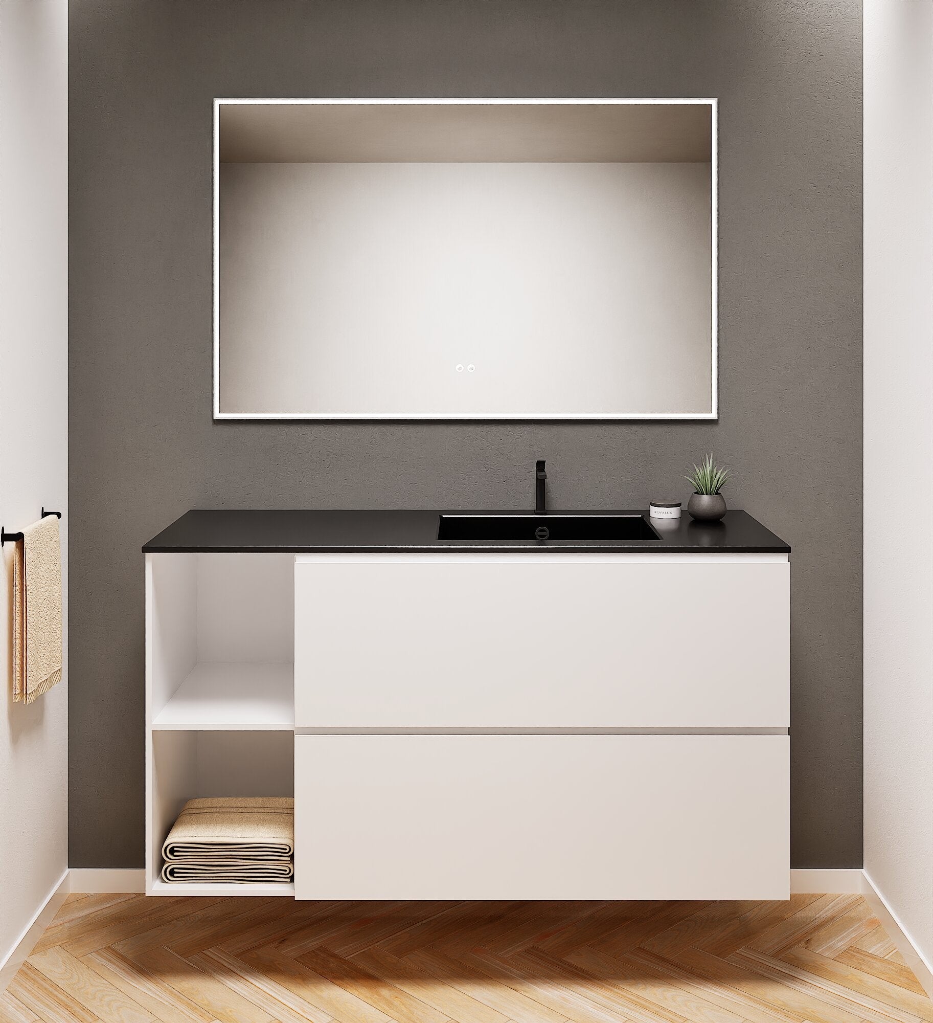 ALBA - Integrated single sink basin unit & 2 Stacked Drawers vanity unit 2 Side Shelves - Rovalux