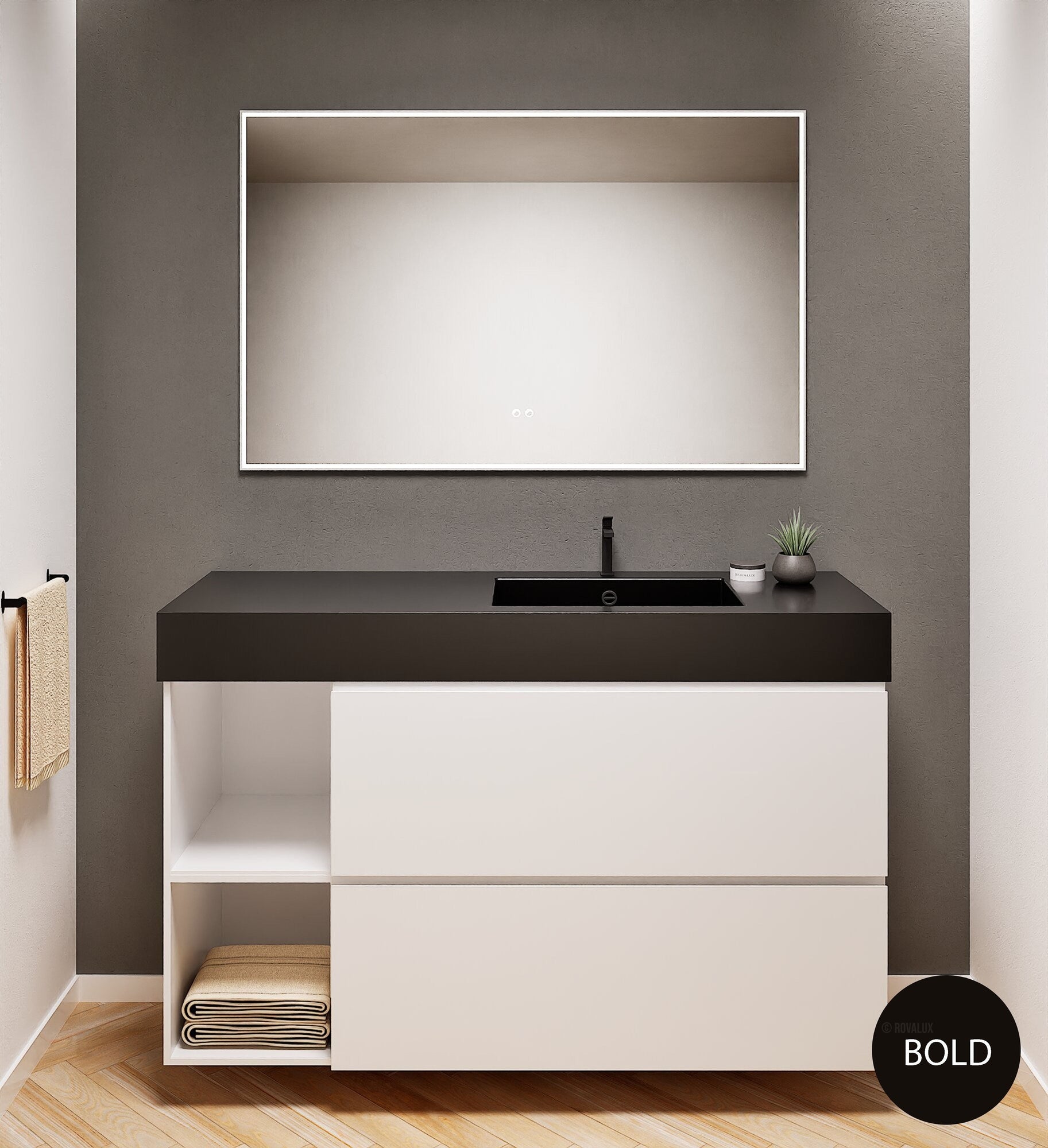 ALBA - Integrated single sink basin unit & 2 Stacked Drawers vanity unit 2 Side Shelves - Rovalux
